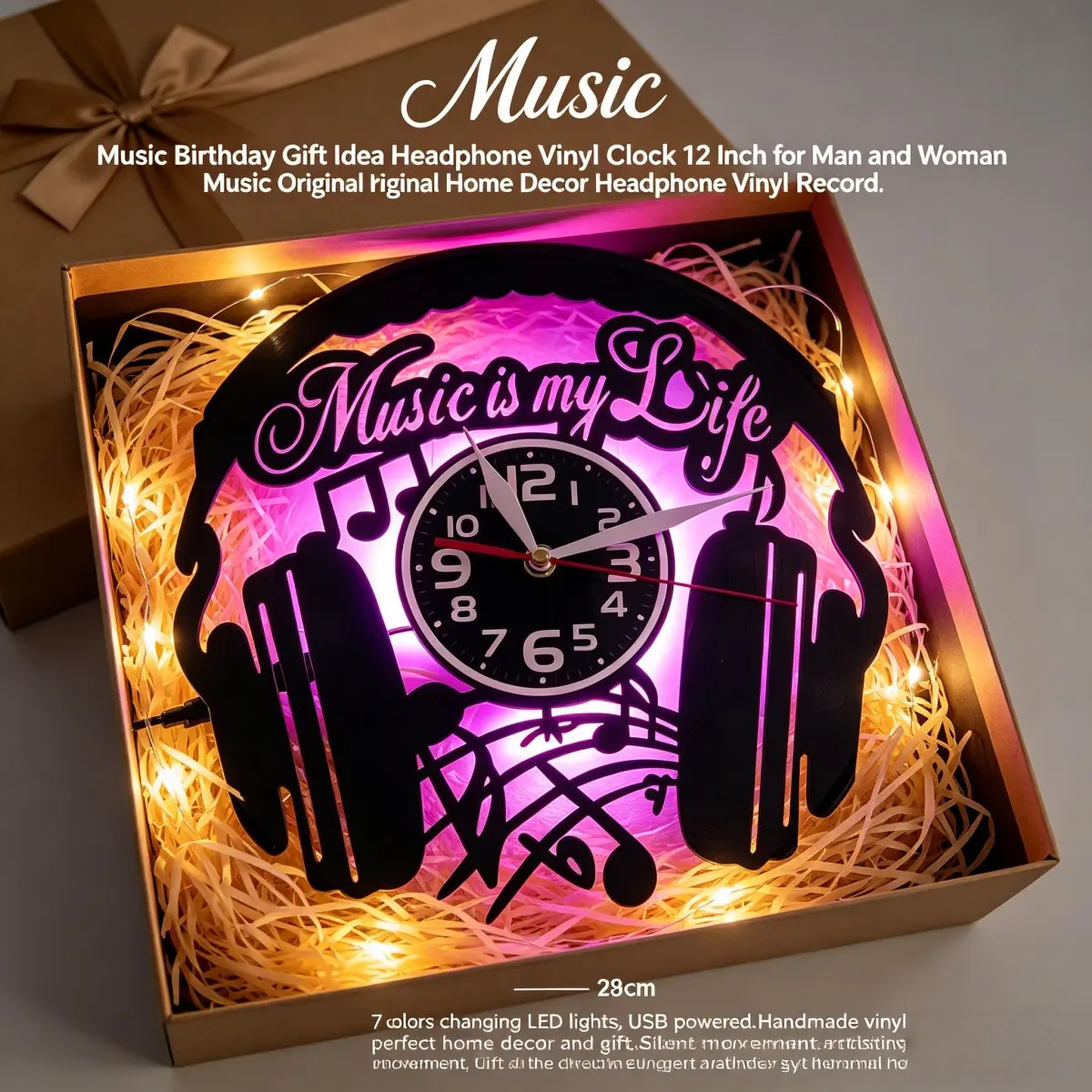 Headphones Music Vinyl Wall Clock with LED Lights, 7 Color Changing Backlight, Silent Non-Ticking, Music Lover Gift for Bedroom Studio Game Room