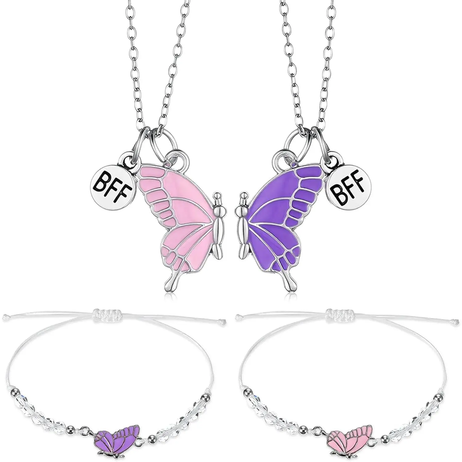 2 Pairs Butterfly   Necklaces and Bracelets Set for 2 Girls, BFF Matching Friendship   for  (  , Adjustable)
