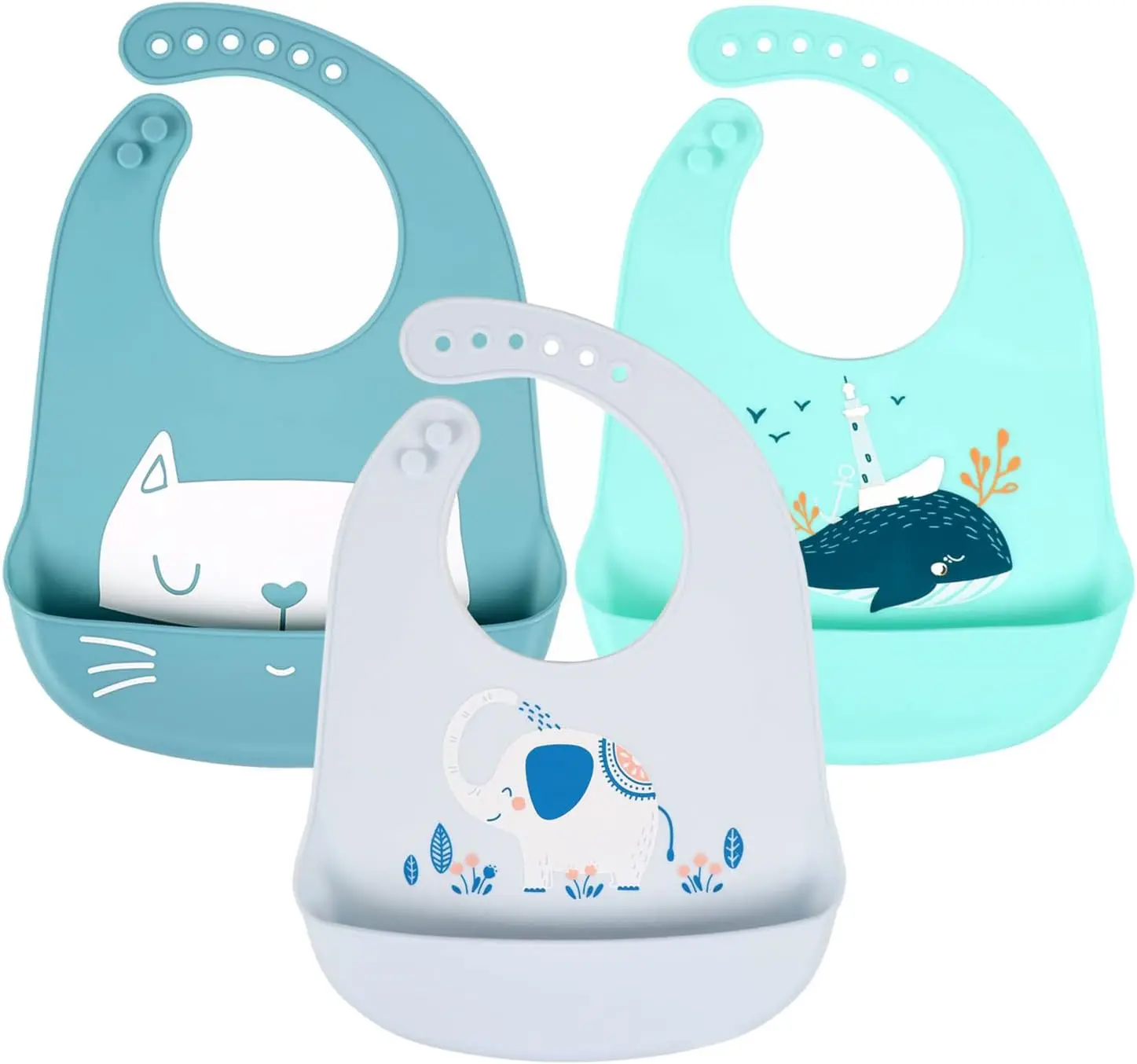 Baby Silicone Feeding Bibs, 3pcs Adjustable Waterproof Bibs  Feeding New model