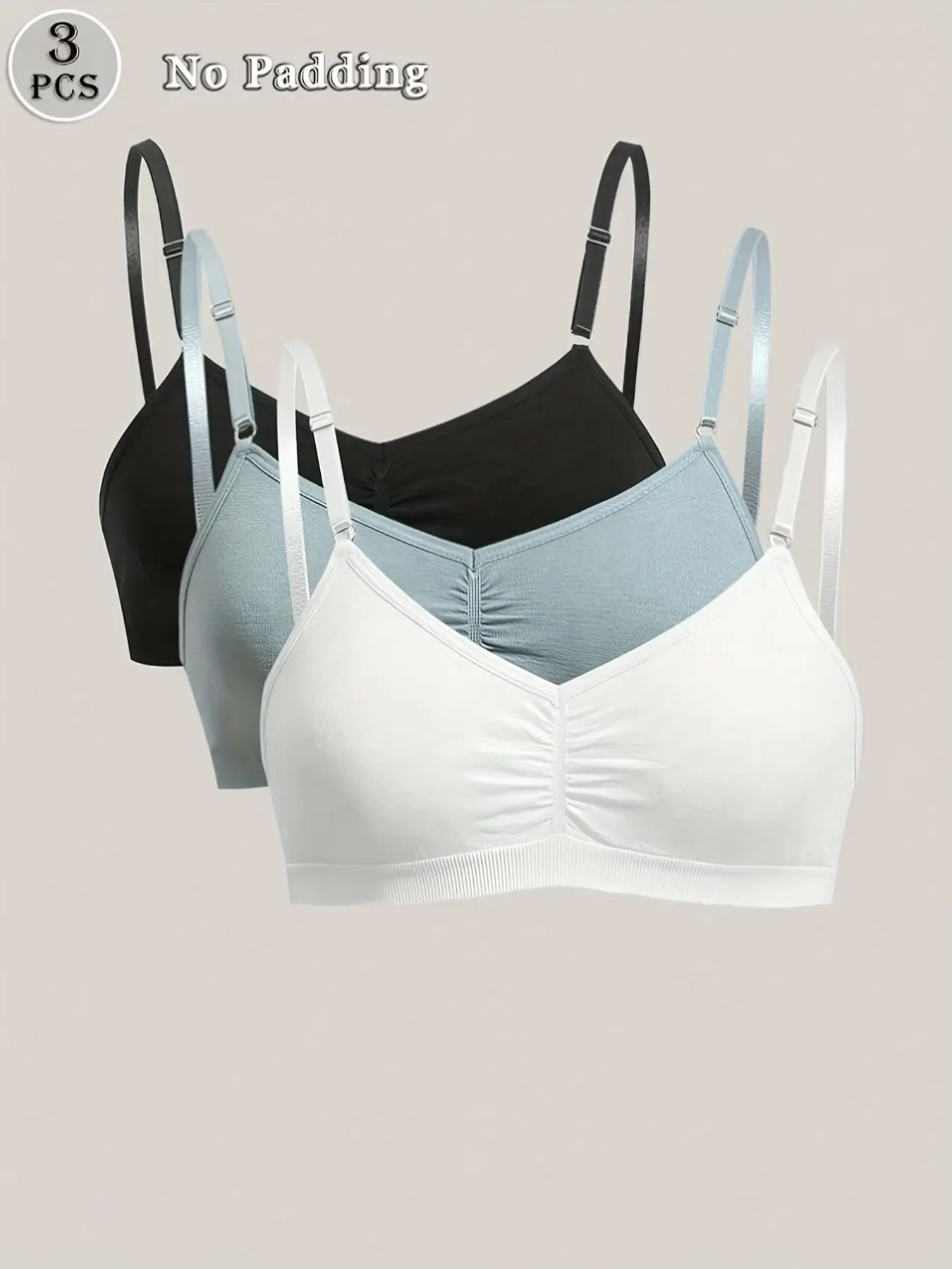 Women's Thin Adjustable Bralette Bra Set, Small Bust Gathered No Underwire Comfortable Breathable Triangle Cups, Casual Everyday Daily Wear, 3 Pieces