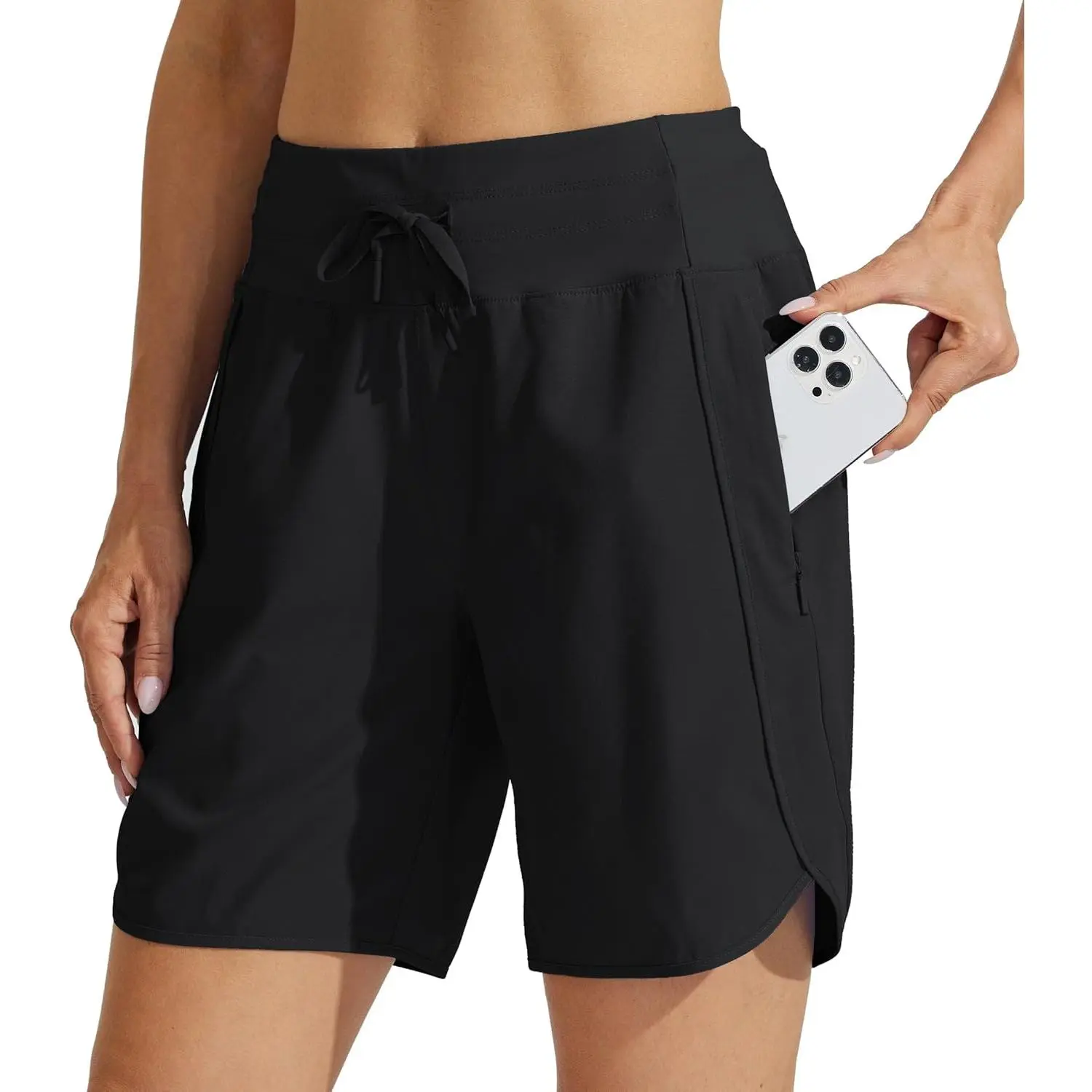 Women's 7" High-Waisted Active Long Shorts, Quick-Dry Athletic Shorts with Zipper Pocket for Workout & Hiking