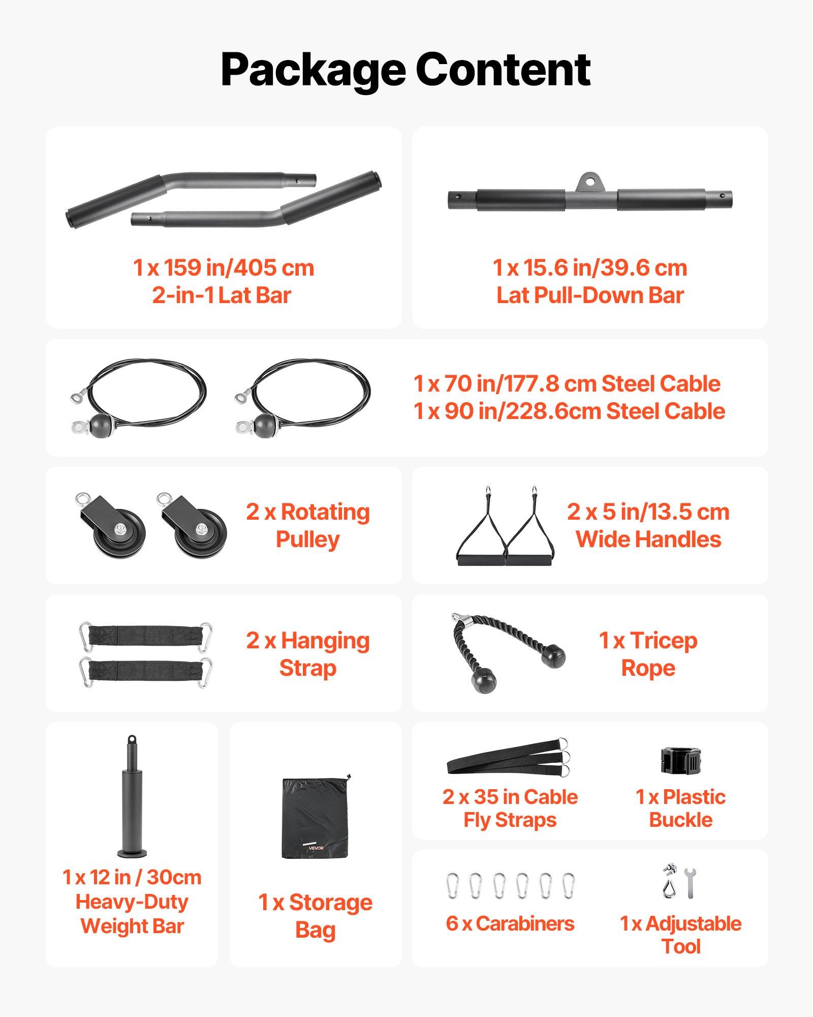 VEVOR Pulley System, 2 PCS LAT and Lift Pulley System, Gym Rack Pulleys Attachment with two Steel Cables, Short Bar, Dual Grip Handles, Cable Machine for Bicep, Shoulder, Back, Up to 330 lbs Capacity VEVOR Pulley System, 2 PCS LAT and Lift Pulley System, Gym Rack Pulleys Attachment with two Steel Cables, Short Bar, Dual Grip Handles, Cable Machine for Bicep, Shoulder, Back, Up to 330 lbs Capacity