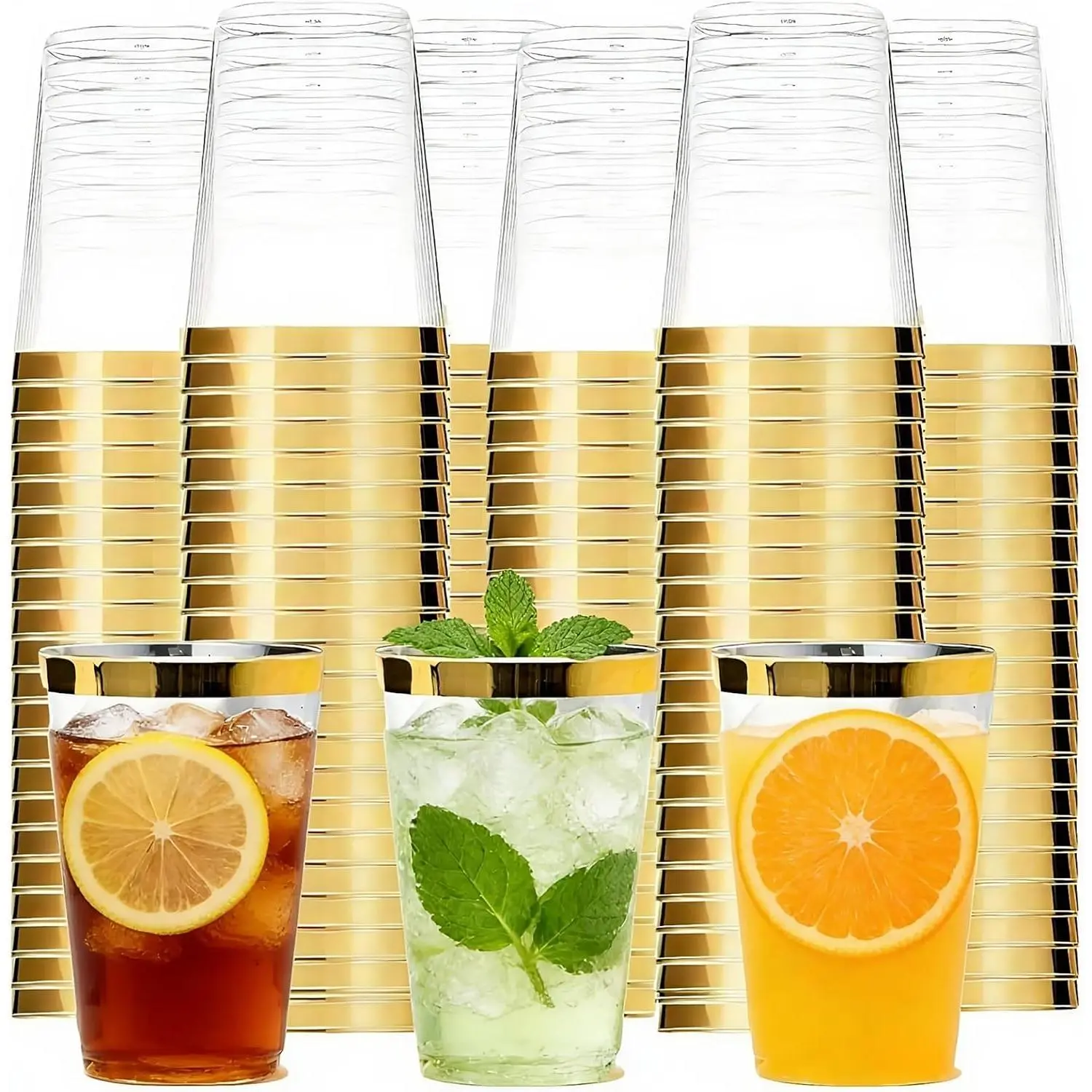100 Pack Clear Plastic Cups Party Glasses, 16Oz Disposable Cup Plastic Tumblers, Elegant Party Tumblers Cups Wedding Cup with  Rim