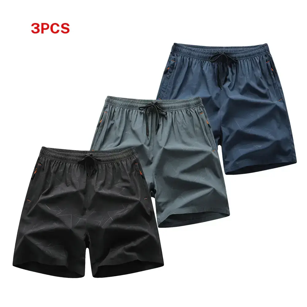 Pack of 3 men’s summer casual shorts featuring an elastic drawstring waist, lightweight quick dry fabric, side pockets with zippers, a loose and comfortable fit—ideal for the beach, walking, travel, gym workouts, and everyday wear.
