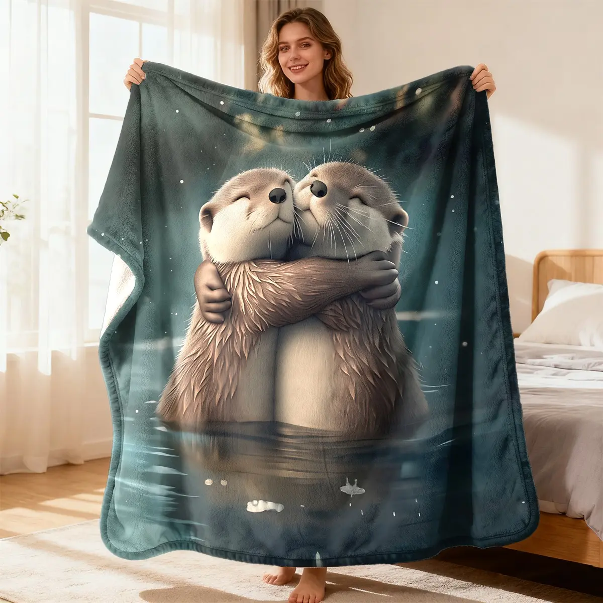 Flannel Blanket with 2 Cute Hugging Otters in Water, Soft Cozy Warm Plush Throw for Sofa, All-Season Textile Blanket