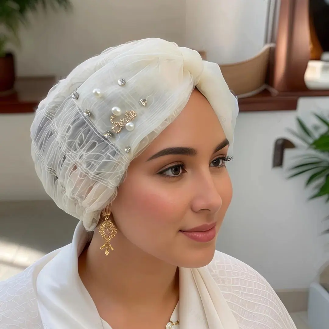 Indian Turban Hat for Women Rhinestone Stretch Headwarp Head Cover Bonnet Muslim Crysta Pleated Headscarf Hat