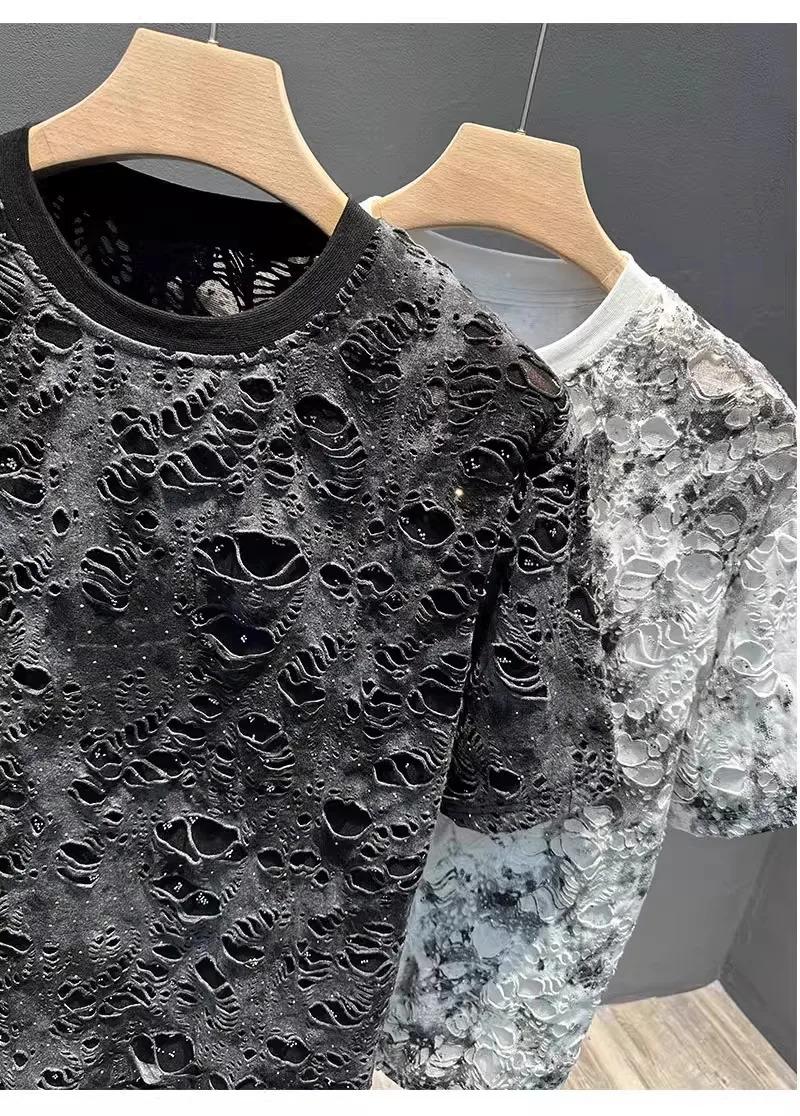 Summer 2026 Trendy Brand Men's T-shirt Loose Casual All-Match Tie-Dye Hole Design round Neck Short Sleeve Breathable