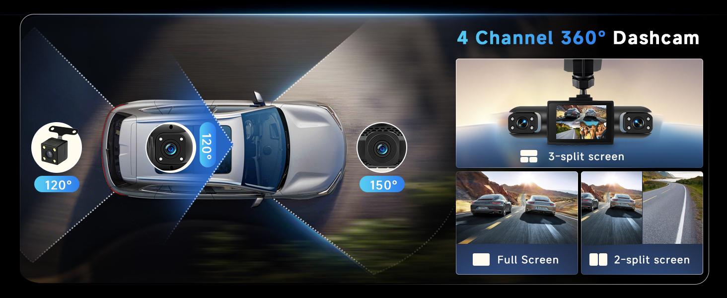 4 Channel 360° Dash Cam Front and Rear Inside Left Right, Dash Camera for Cars, Built-in Night Vision, Sensitive Motion Detection 24/7 Recording Parking Mode Monitor Reversing Help,(option) 64G TF Card