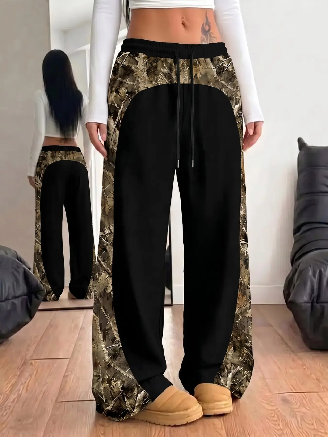 Women's Forest Camo Patchwork Sweatpants | Black Contrast Wide Leg Cargo Pants for Ladies | Breathable Baggy Gorpcore Streetwear | Aesthetic Outdoor Style Training Trousers 2026