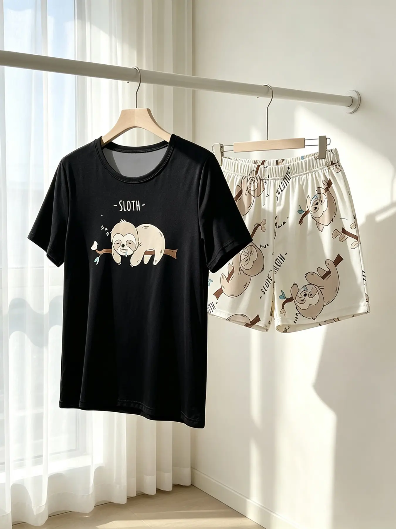 Women's Crew Neck Short Sleeve Top & Shorts Pajama Set, Black White Sloth Print, Spring Summer Wear, Loose Fit, Casual Lazy Day-to-Night Loungewear for Home & Casual Outings, Pjs