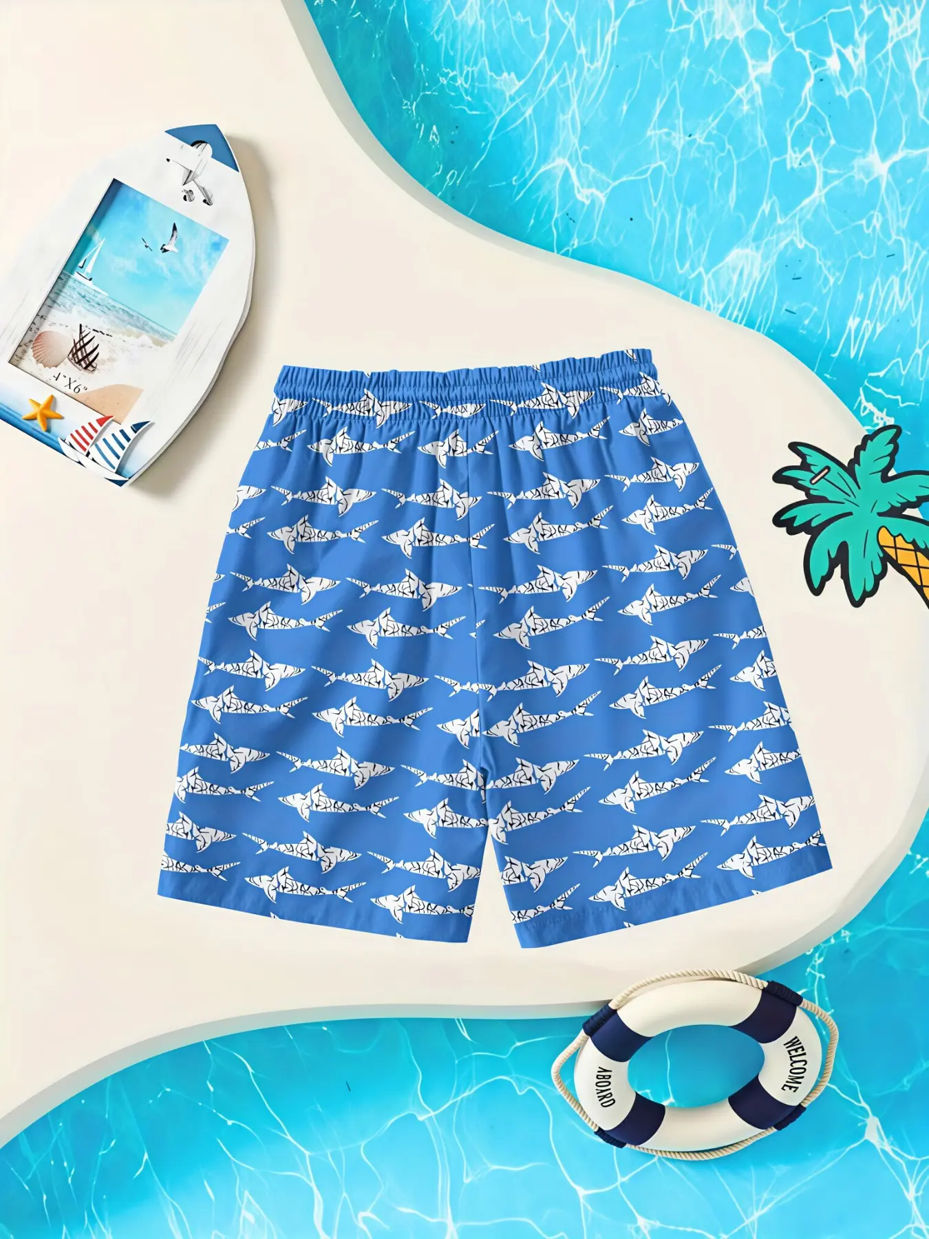 Kids Boys Bright Blue Vintage Distressed Mini Shark All Over Print Quick Dry Swim Trunks, Retro Marine Drawstring Beach Board Shorts With Storage Pockets, Casual Summer Swimwear