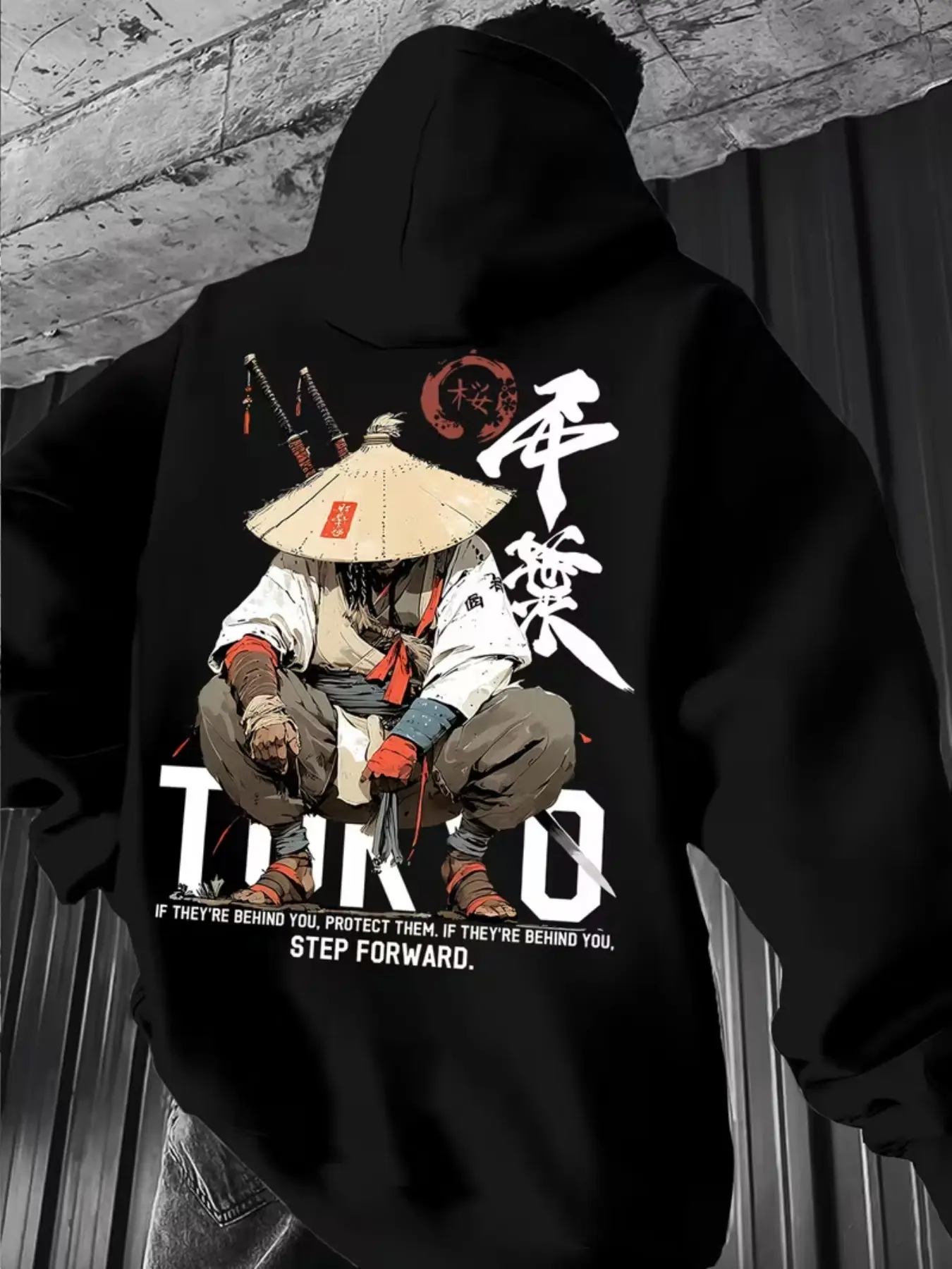 Men's Japanese Style Samurai Hoodie, Long Sleeve Geometric Print Sweatshirt, Casual Slim-Fit Streetwear for All Seasons
