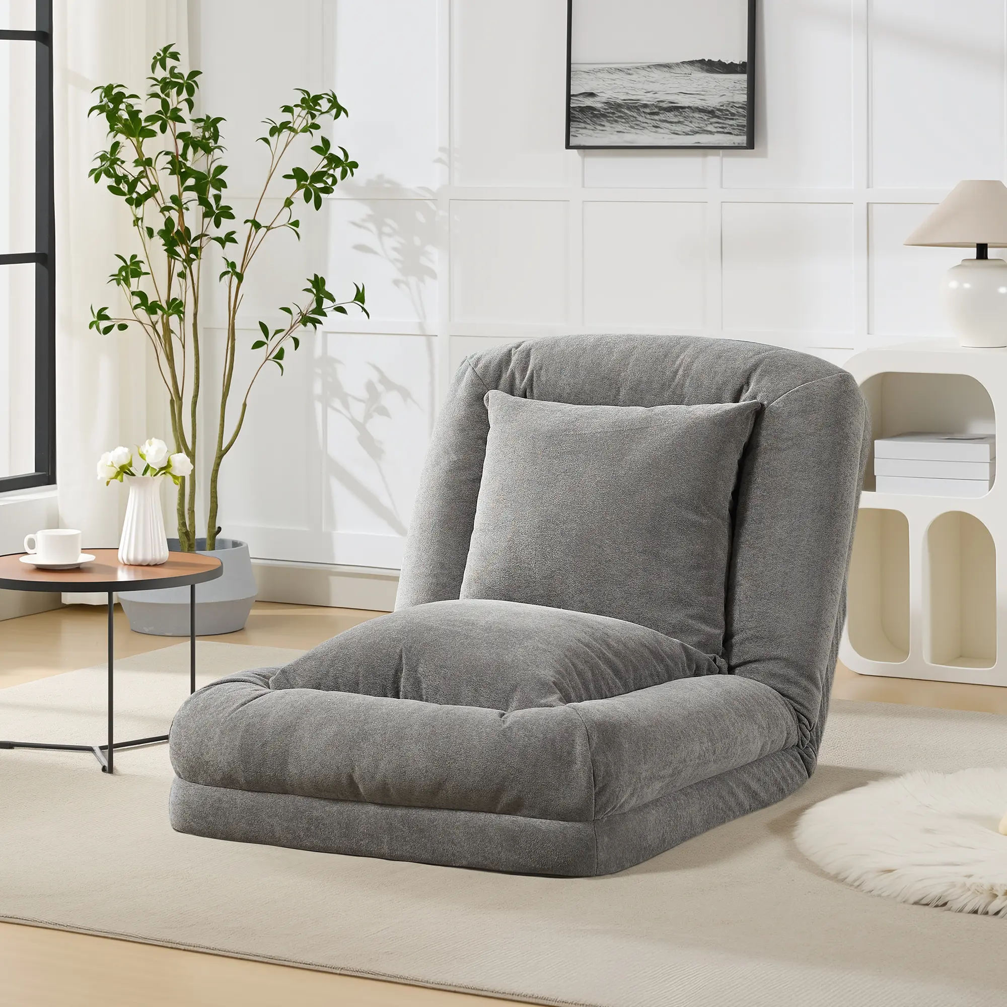 Convertible 5-Position Human Dog Bed Sofa – Chenille Lounge Chair Bed with 2 Pillows, Metal Frame – Comfortable Lazy Floor Recliner for Living Room or Bedroom