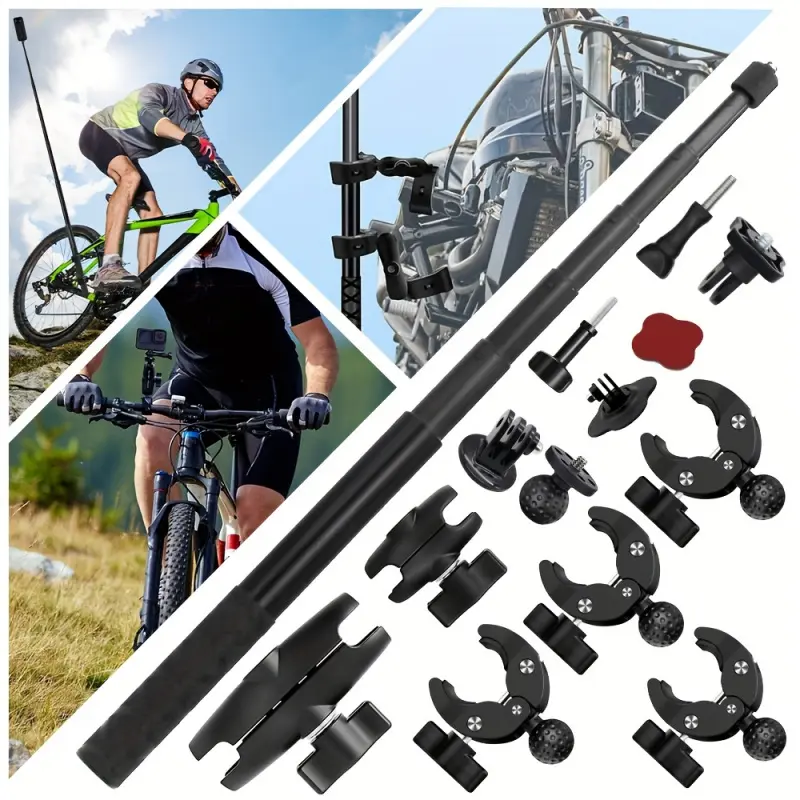 2026 New Motorcycle Mount Kit Holder, Suitable for Insta360 One X5 X4 X3 X2 RS DJI OSMO Gopro, Robust Motorcycle Clamp Mount, Extendable Panoramic Stick, Non-Slip CNC Base, Ideal for Cycling Videos, Umbrella Clamp