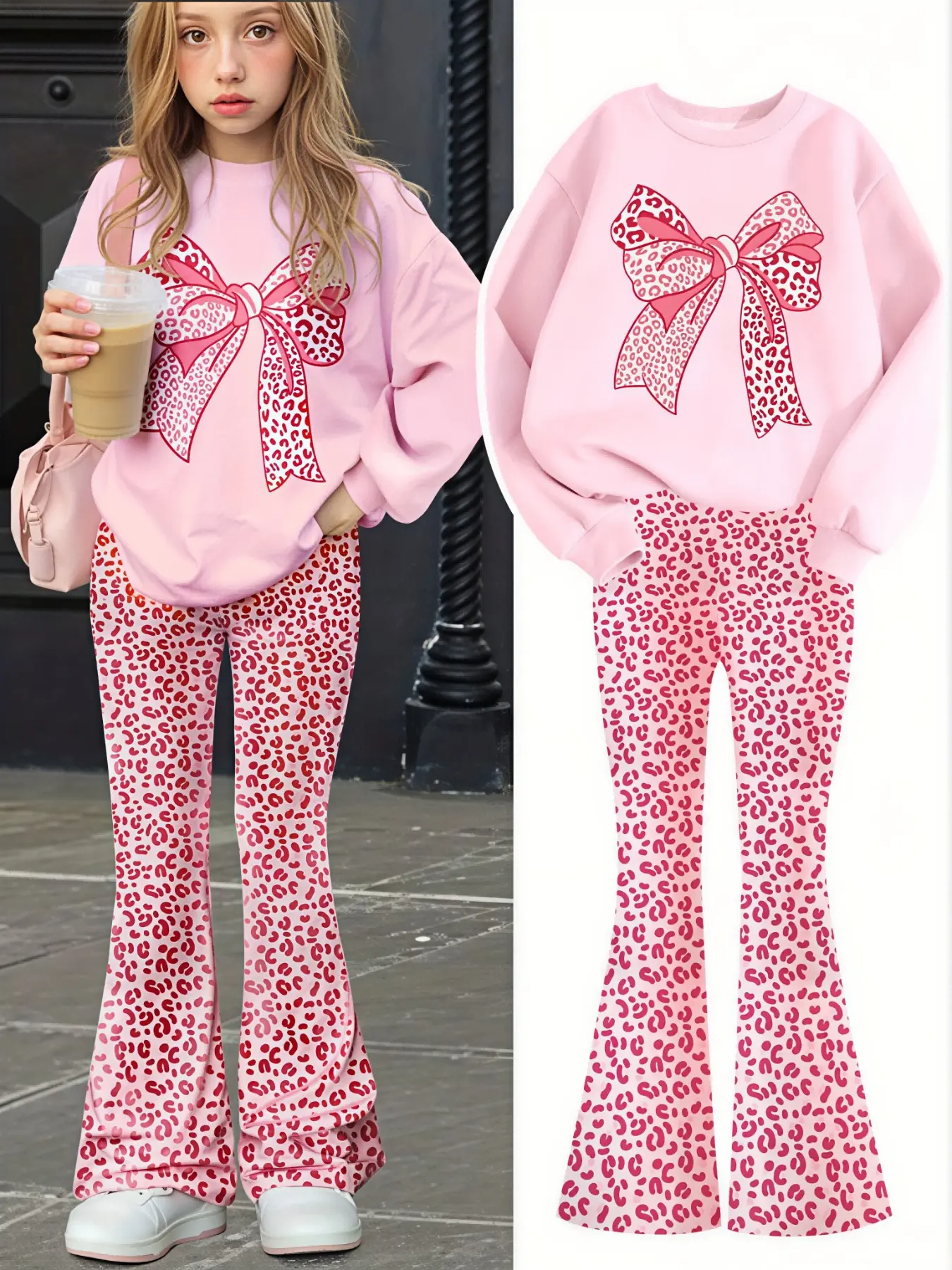 Coquette Style All Over Leopard Print Girls Sweatshirt Flare Pants Suit, Durable Stretch Fabric, Suitable For Daily School Outdoor Leisure, Hot Selling Teen Girls Clothing TikTok Hot Trend