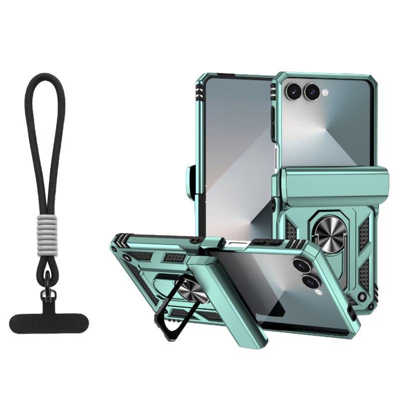 360 ° Rotating Metal Car Bracket Ring Solid Color Armor Lanyard Phone Case For Samsung Galaxy Z Flip 7 6 5 4 3 Protection Cover