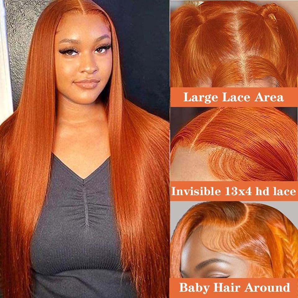 Bling Hair 30 32 Inch Ginger Straight Human Hair Wig Orange Brazilian 13x4 13x6 Hd Transparent Lace Frontal Ginger Human Hair Wigs for Women Pre Plucked 180% Density