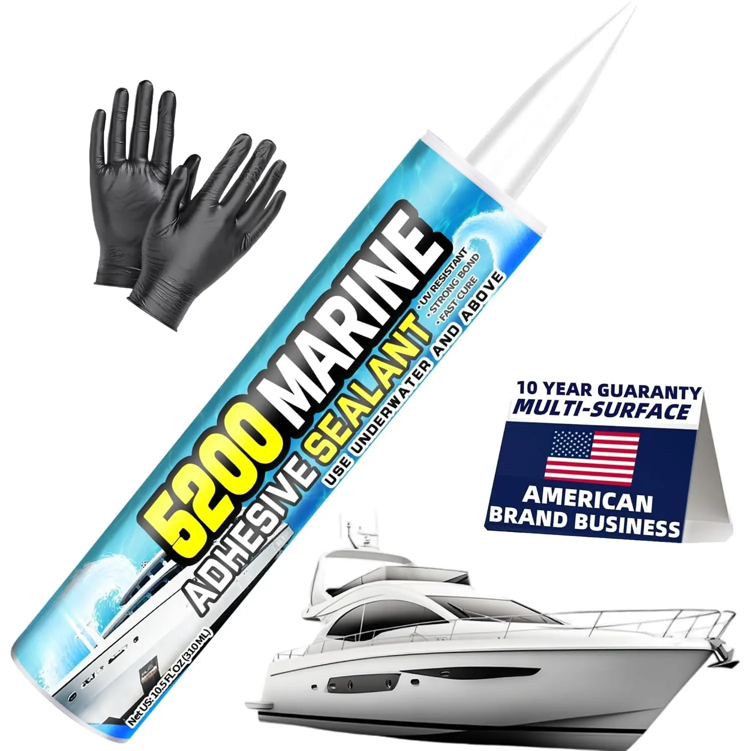 5200 Marine Sealant for  & RVs--Cure (30 Mins), , UV-Resistant, High-Bond Adhesive Sealant for Hulls, Decks, Fiberglass,  & Metal-, Low Odor, with Gloves&Nozzle (1)