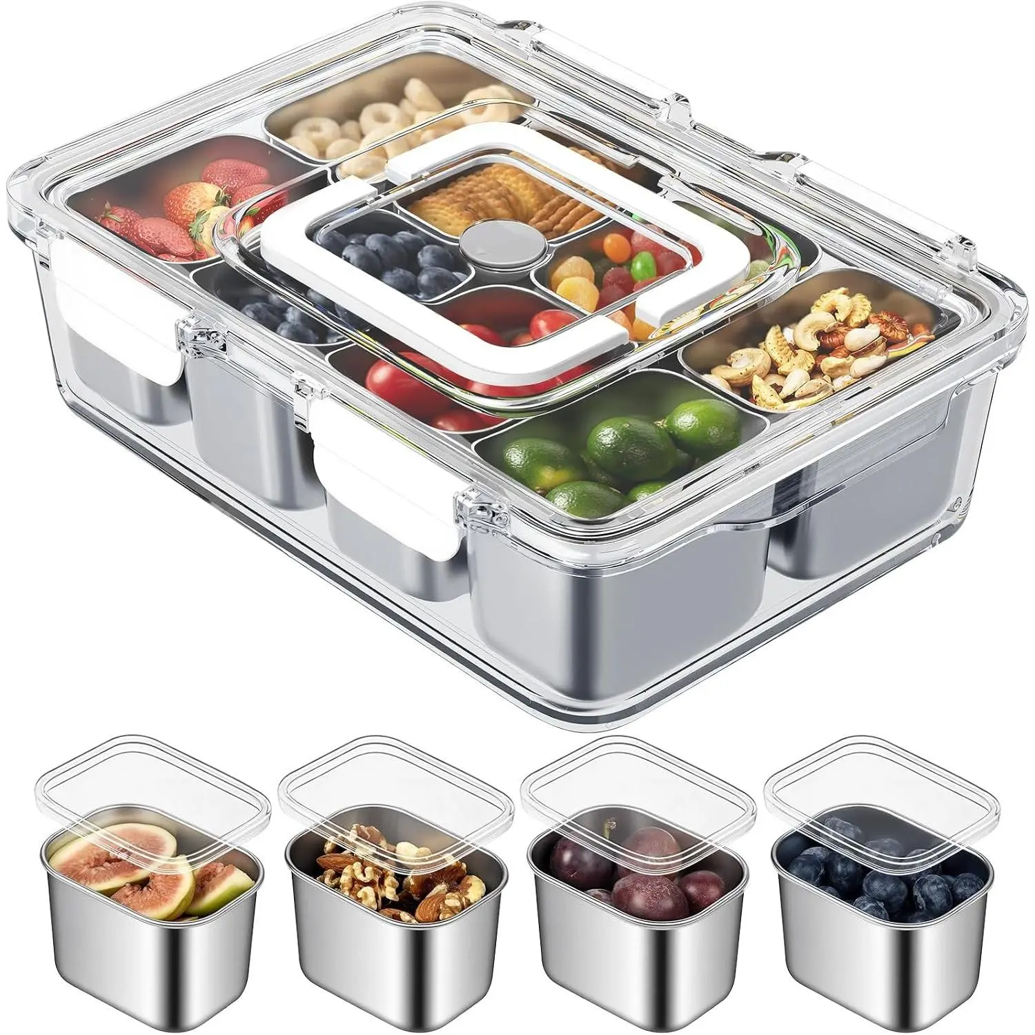 Snackle Box Container, Stainless Steel Snack Platters with Lid and Handle | 8 Compartment with Independent Lids, Divided Serving Snack Tray, for Road Trip, Beach, Picnic, Ball Games, Pool and Parties