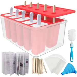 Homemade Popsicle Molds, 10-Cav Non-BPA Silicone Ice Pop Maker, with 50 Sticks, 50 Bags, 10 Reusable Sticks, Funnel, Brush and Ice Pop Recipe (Red+Bin)