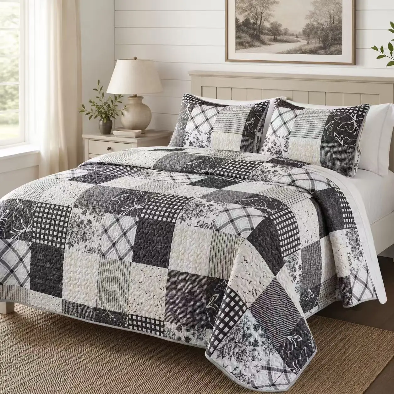 Classic American Country Patchwork Quilt Set, Floral Grid Stripe Bedspread, Soft Polyester Lightweight Blanket, Wrinkle-Resistant, Easy Care, Multi-Purpose Bedroom Sofa Decor