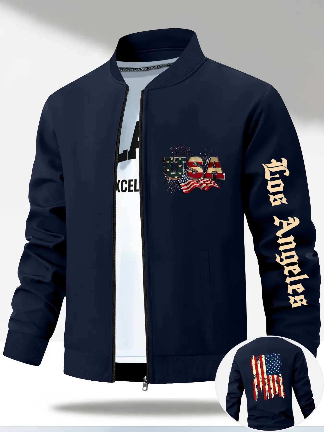 Baseball Neck Zipper Jacket, American Text & Flag Print, Vertical City Name Font, Vintage Street Style, Long Sleeve Outerwear