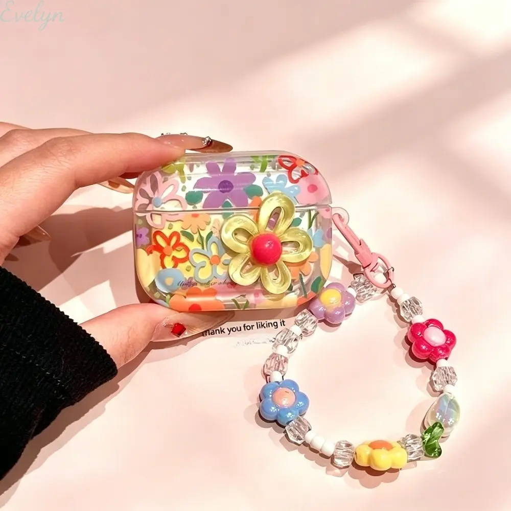 3D Flower Transparent Floral Print AirPods Case with Beaded Strap, Shockproof Lightweight Anti-Drop Protective Cover, Fashion Accessory for Daily Commutes & Outfit Matching