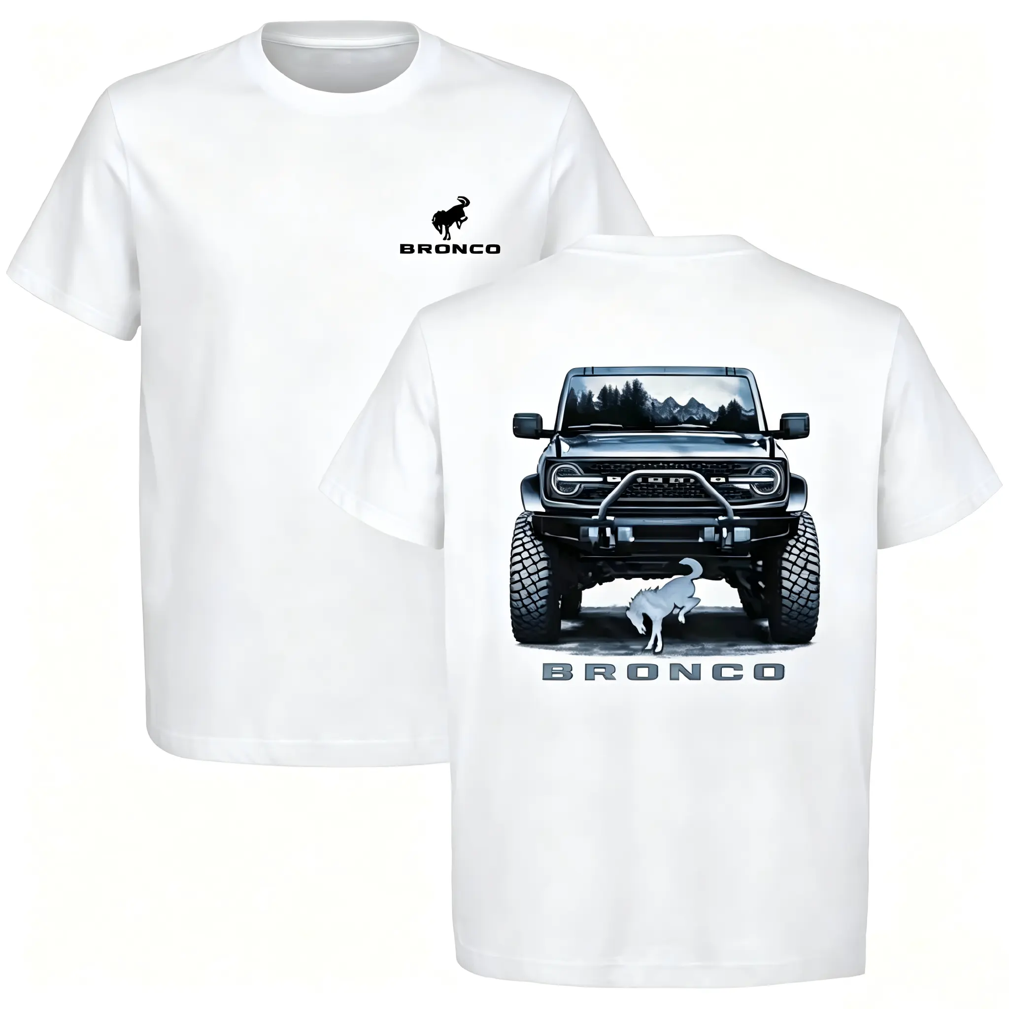 Ford Bronco T-Shirt – Rugged Front-End Off-Road Print with Mountain Reflection, Bronco Badge Graphic Shirt for Adventure & 4x4 Truck Enthusiasts