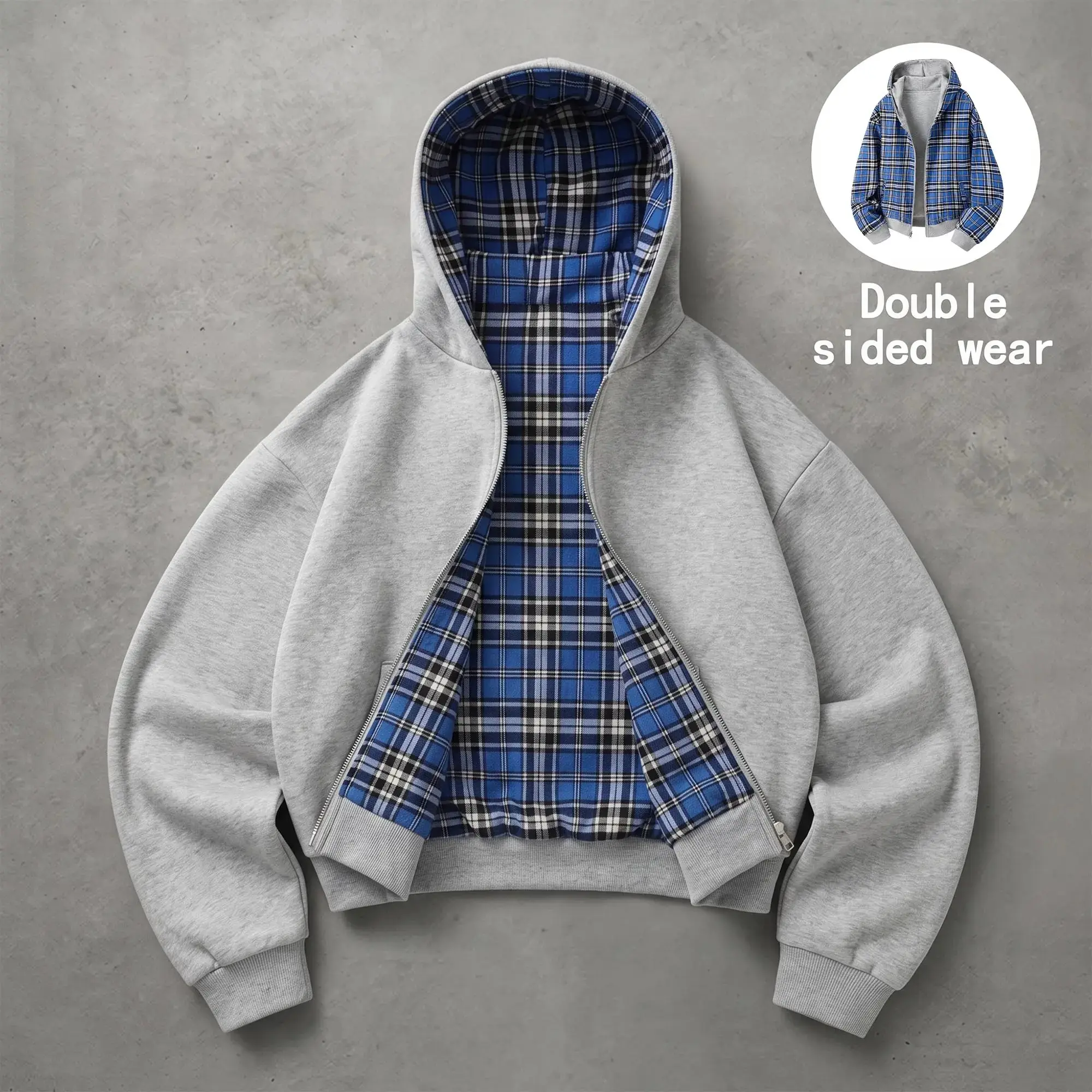 Unisex Cotton-Blend Reversible Hooded Set, Plaid Hoodie Jacket Worn Two Ways + Casual Long Pants, with Pocket Design, Comfortable Casual Street-Style Two-Piece Set