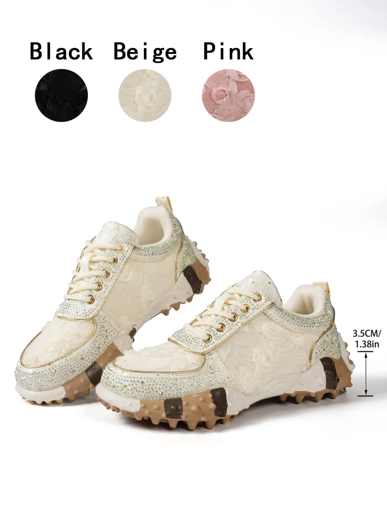 1 Pair, Lace Casual Sneakers with 3D Rose & Rhinestone Trim, Anti-slip Height Increasing Women Shoes in Sweet Fairy Style, Affordable Fashion Item, Versatile Footwear for Daily Outings