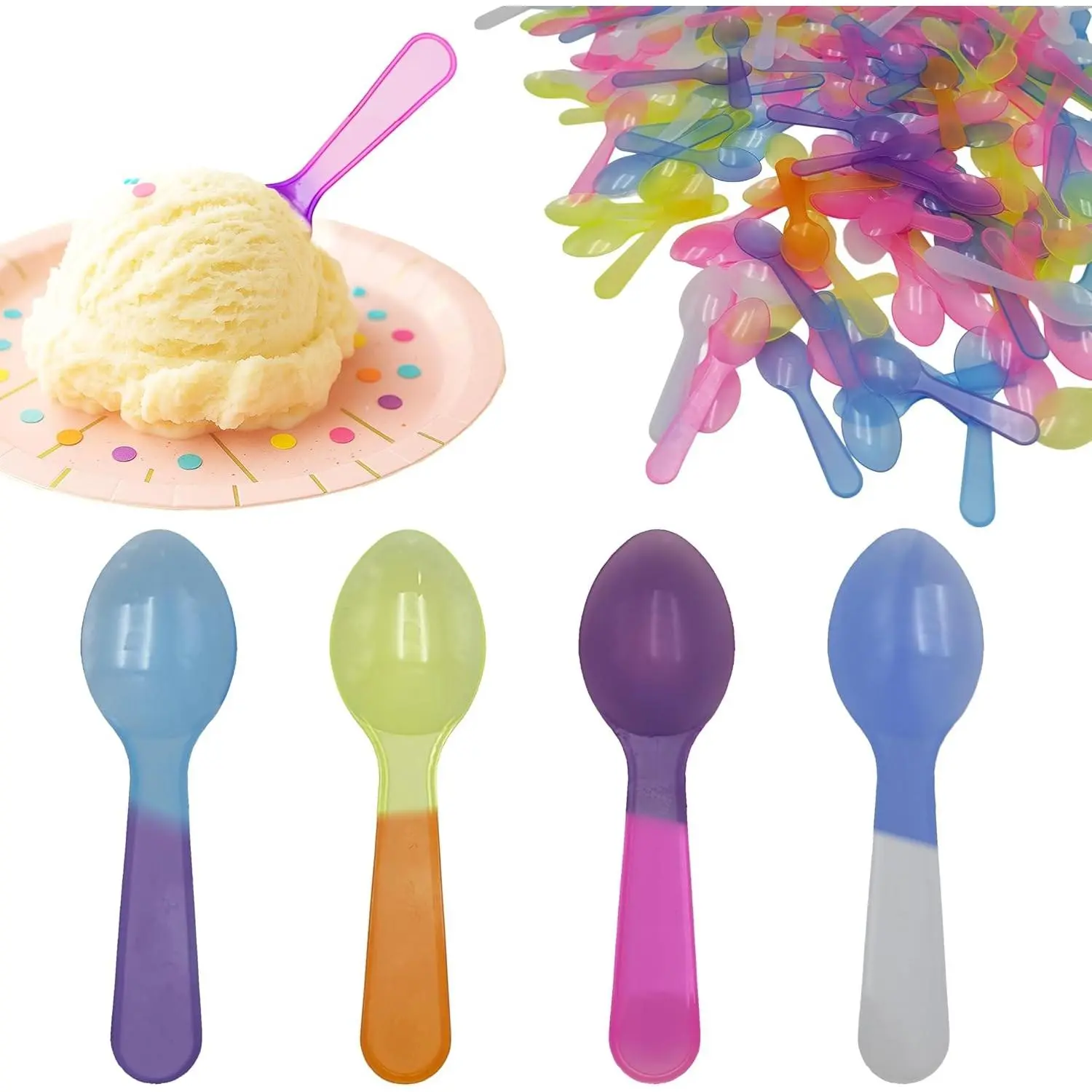 100 Color Changing Mini Plastic Disposable Sample Spoons for Tasting Ice Cream Jello Yogurt Froyo and More