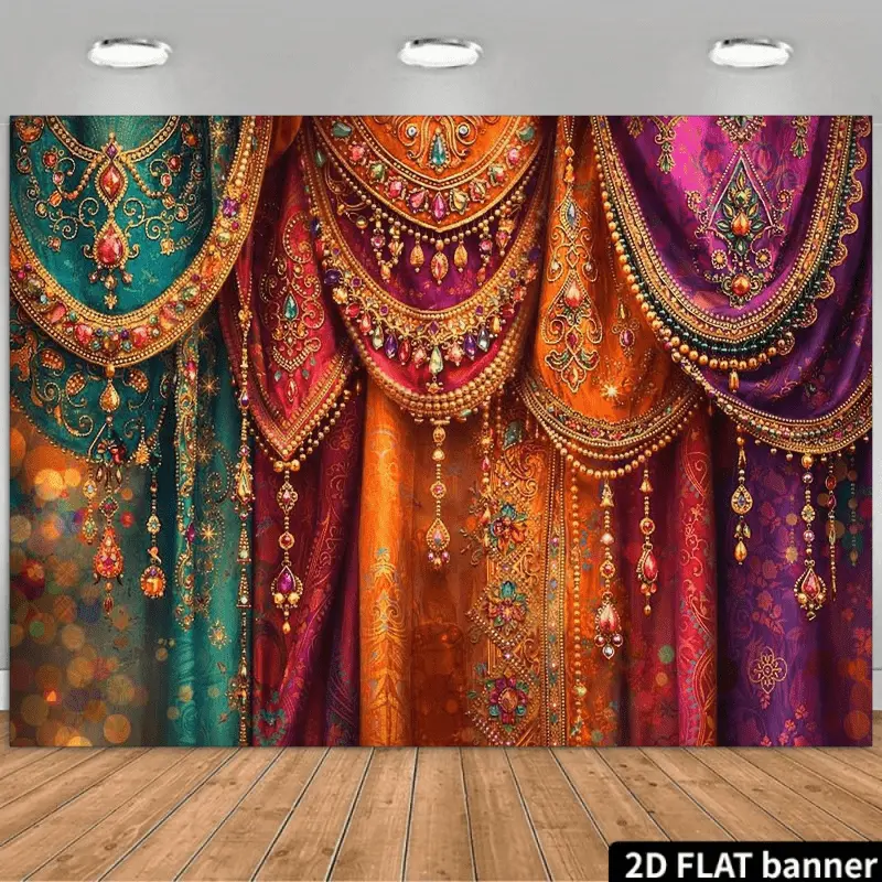 Cozy Polyester Retro Bohemian Floral Paisley Backdrop - Vintage Gold Swirl Wedding Party Banner, Hanging Opulent Boho Room Decoration, Photo Booth Background