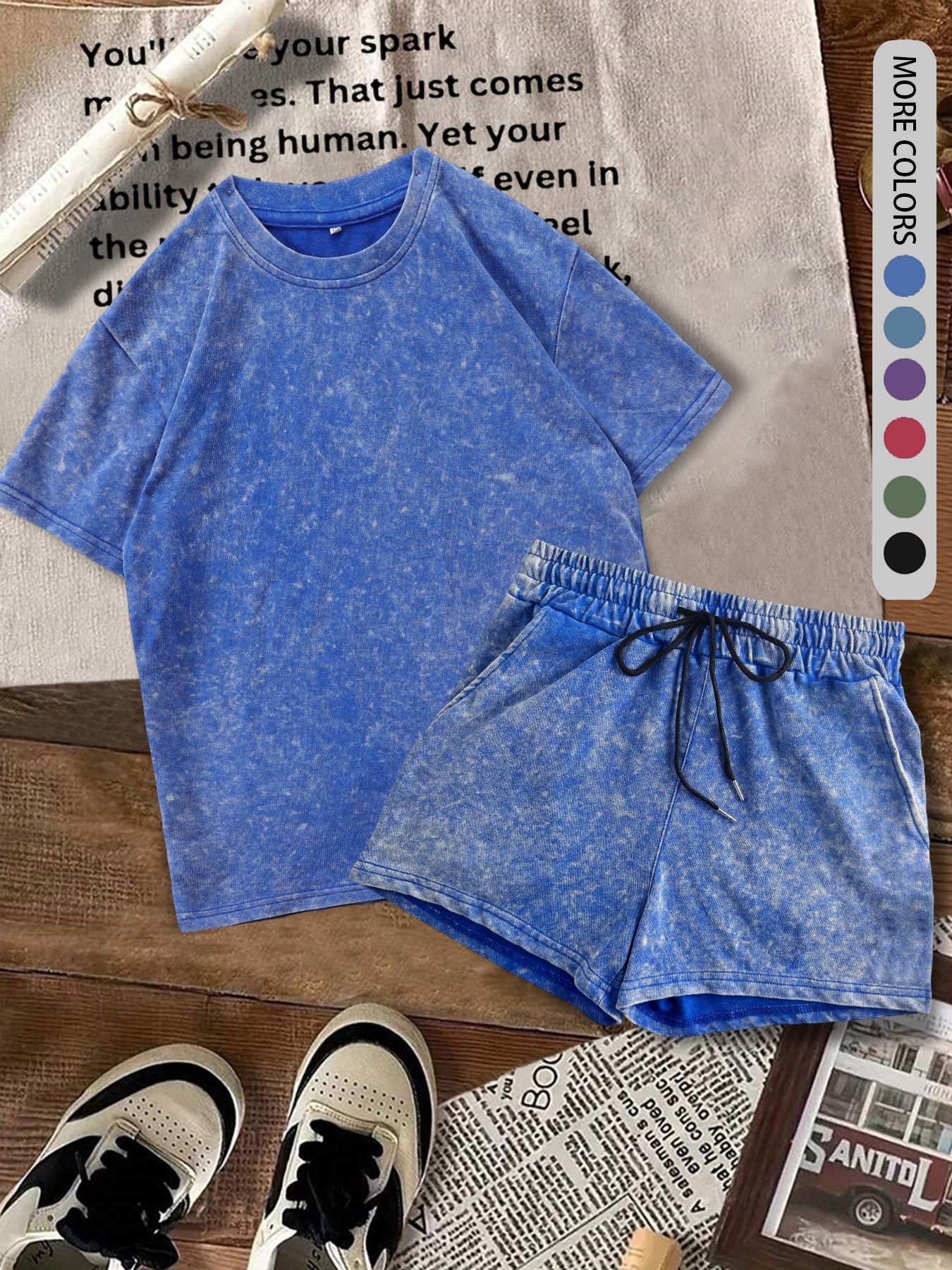 Two-piece Set Women's Solid Color Denim-effect Print Tee & Shorts, Casual Basic Round Neck Short Sleeve T-shirt & Shorts, Ladies Summer Clothes for Daily Wear, Matching Clothing Set