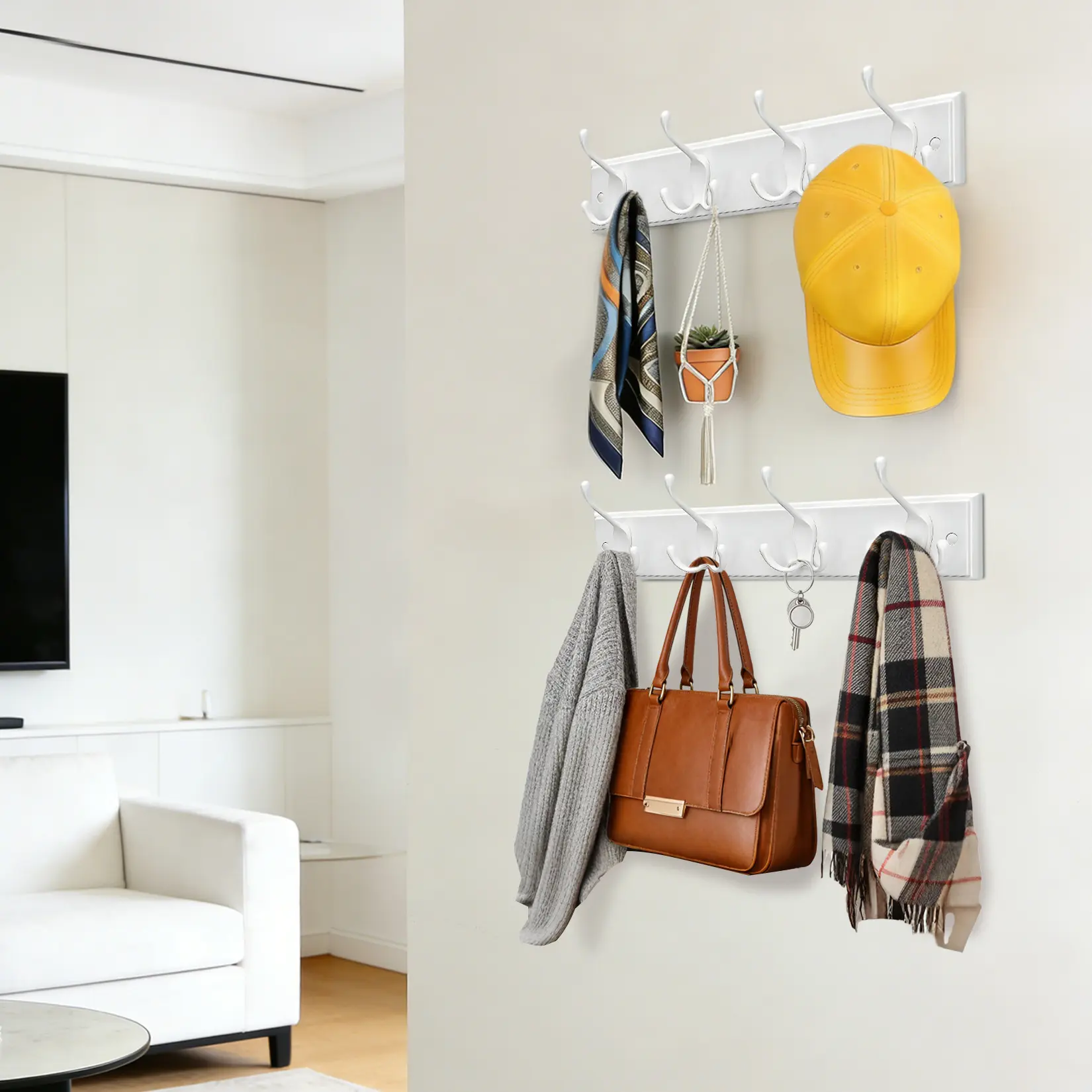2 Pack Space-Saving Wall Mounted Coat Rack with 4 Triple Hooks, White Entryway Wall Hook Rack for Coats, Hats, Bags and Keys, Heavy Duty Metal Hook Organizer for Bedroom, Bathroom and Hallway