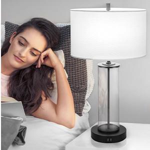 Modern Touch Control Table Lamps with 2 USB Ports for Living Room Set of 2, 3-Way Dimmable Bedside Lamps with Clear Glass for Bedroom Nightstand Hotel, LED Bulbs Included