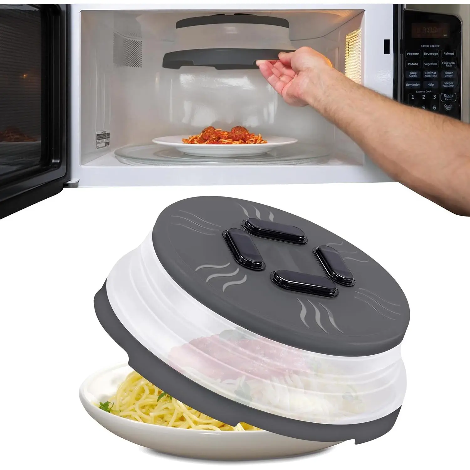 HOVER COVER Magnetic Microwave Splatter Cover - 10" Collapsible - Graphite | BPA-Free Lid, Vented Plate Guard with Steam Vents, Anti-Splash Microwave Lid, Dishwasher Safe, Space-Saving Magnetic Storage