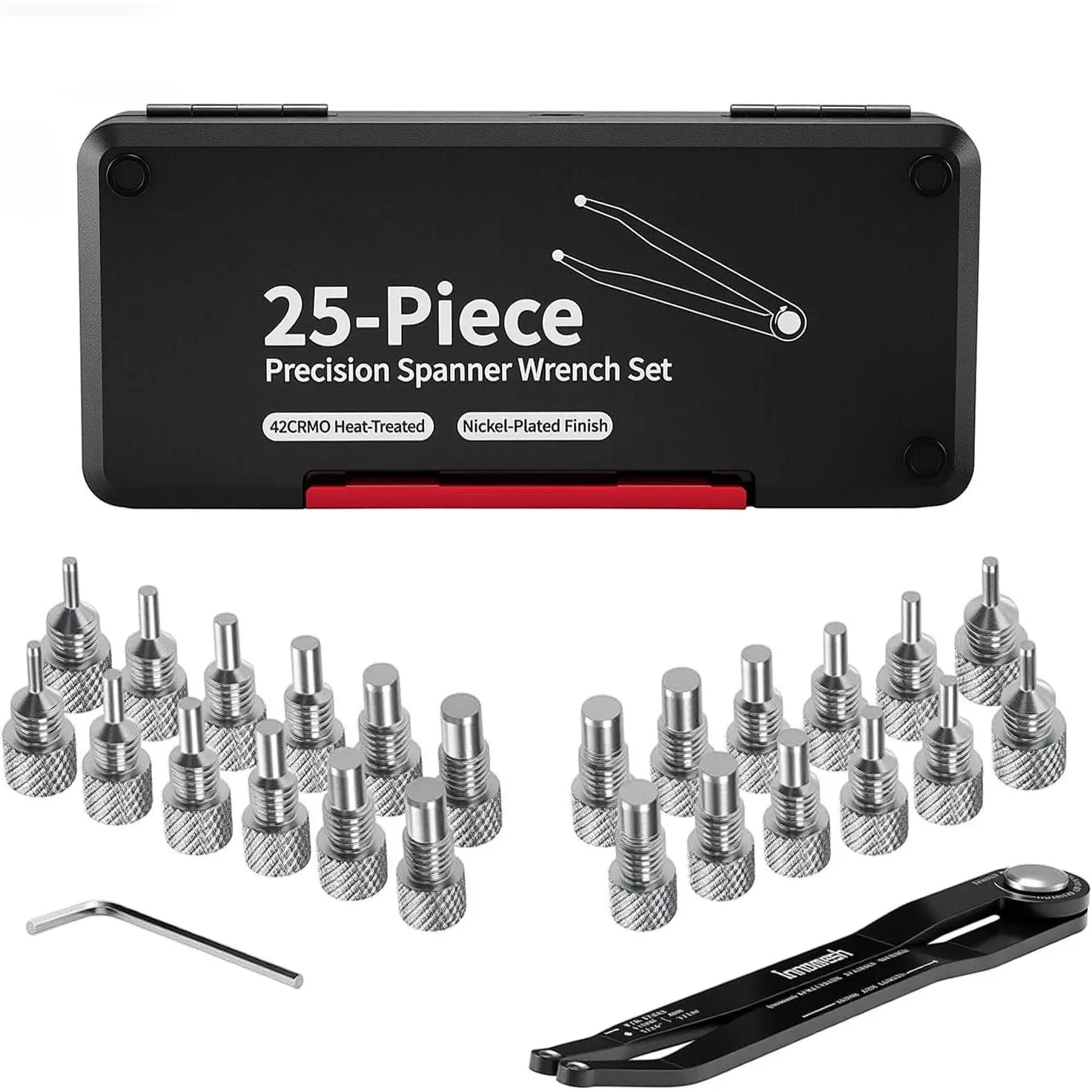 25 count Pin Spanner Wrench Set,42CRMO Heat-Treated,Nickel-Plated Finish,Adjustable Spanner Wrench for Bearings,Pulleys & Lock Nuts,Metric &  Precision Pin Wrench,160mm Arms,180° Rotation