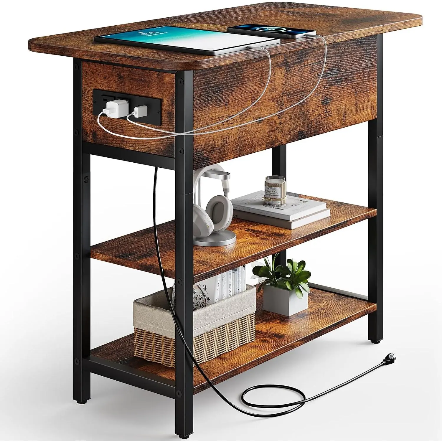 End Table with  Station, Flip Top Side Table with USB Ports and Outlets, Sofa Couch Table Bedside Table for Living Room Bedroom, Narrow Nightstand with Storage Shelves for Small Space
