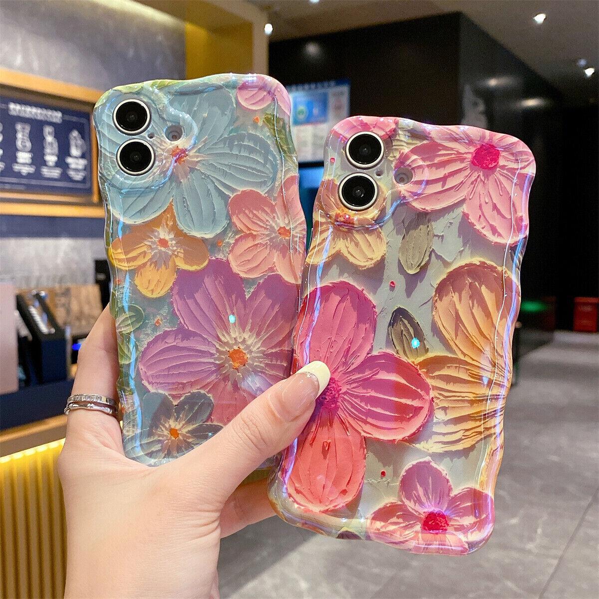 Flower Case for iPhone 17 16 15 14 13 12 Soft TPU Retro Oil Painting Girly Phone Cover with Sparkly Floral Design Orange White Magnetic Ultra-Thin Protective Case for Women and Girls beautiful