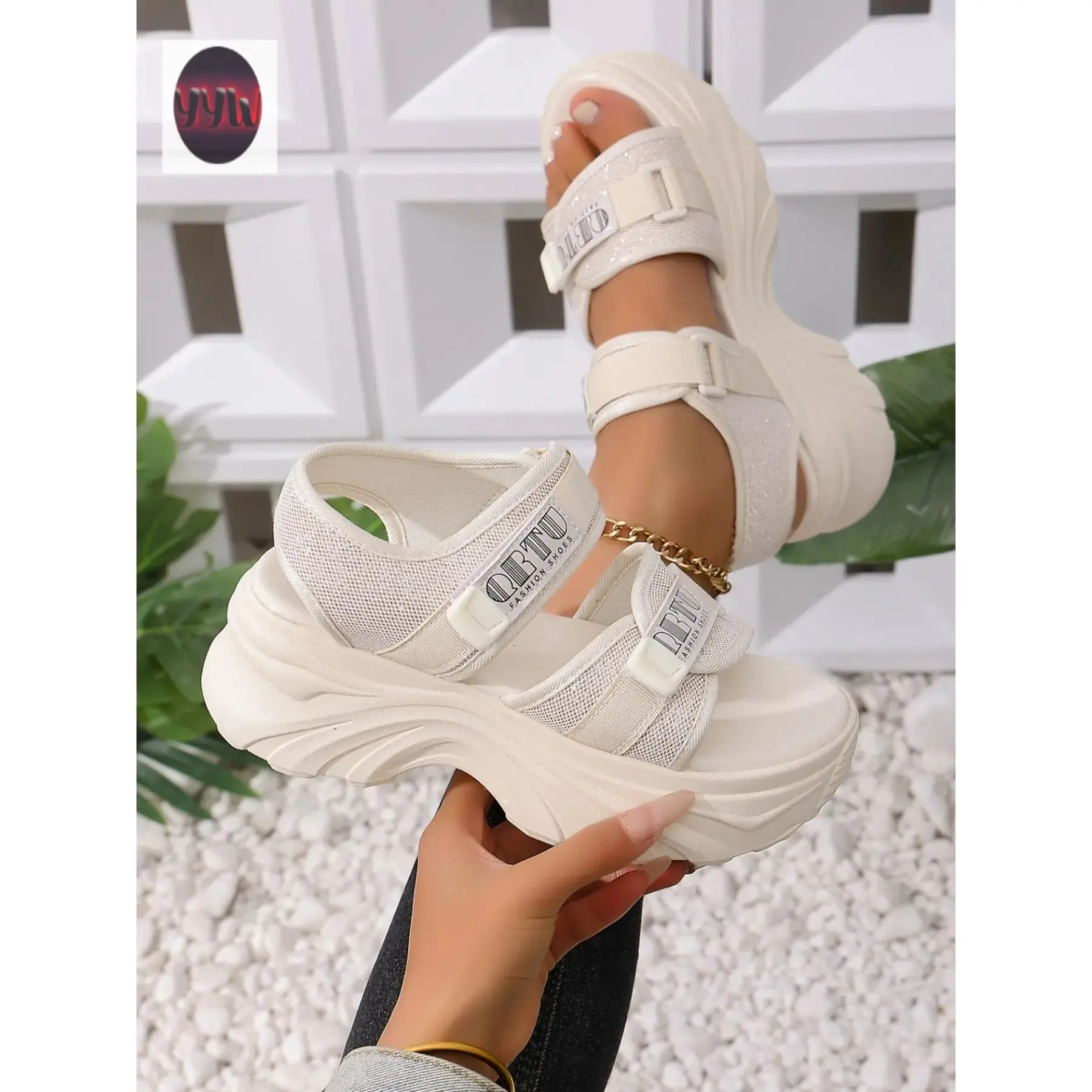 YYW1 Women's Thick Sole Platform Wedge Sandals 2026 New Versatile Casual Velcro Height Increase 6-8cm Commuter
