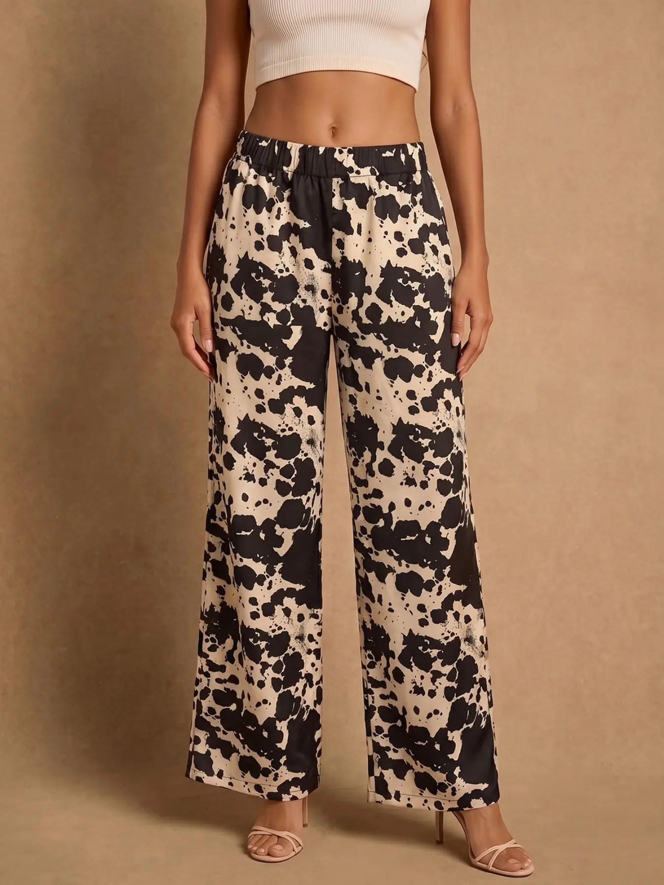 Women's Cow Print Wide Leg Pants, High Waist Elastic Flowy Long Pants, Casual Bohemian Summer Fashion, Comfortable and Stylish