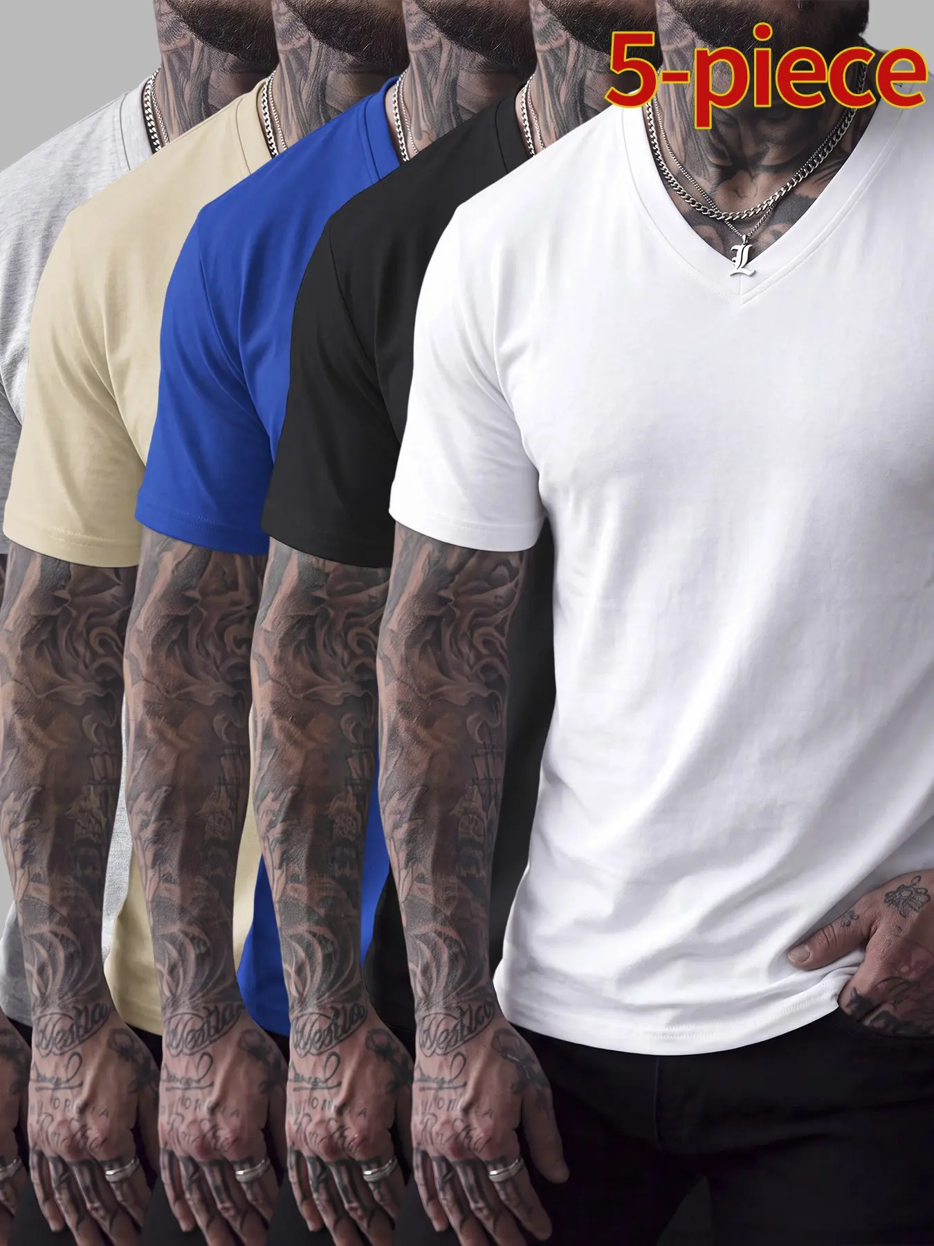 5-Pack Men's Slim Fit Cotton V-Neck T-Shirts, Casual Classic Short Sleeve Basic Daily Wear, Comfortable Solid Color Tees, Essential Clothing 5-Pack Men's Slim Fit Cotton V-Neck T-Shirts, Casual Classic Short Sleeve Basic Daily Wear, Comfortable Solid Color Tees, Essential Clothing