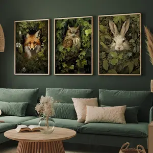 3-Piece Mystic Woodland Animal Canvas Wall Art – Forest Rabbit, Fox and Owl Posters for Cottagecore Bedroom, Kitchen, Bathroom, Living Room & Witchy Gothic Home Decoration, Dark Forest Cottage Aesthetic Artwork for Nature Lovers and Cozy Interior Design