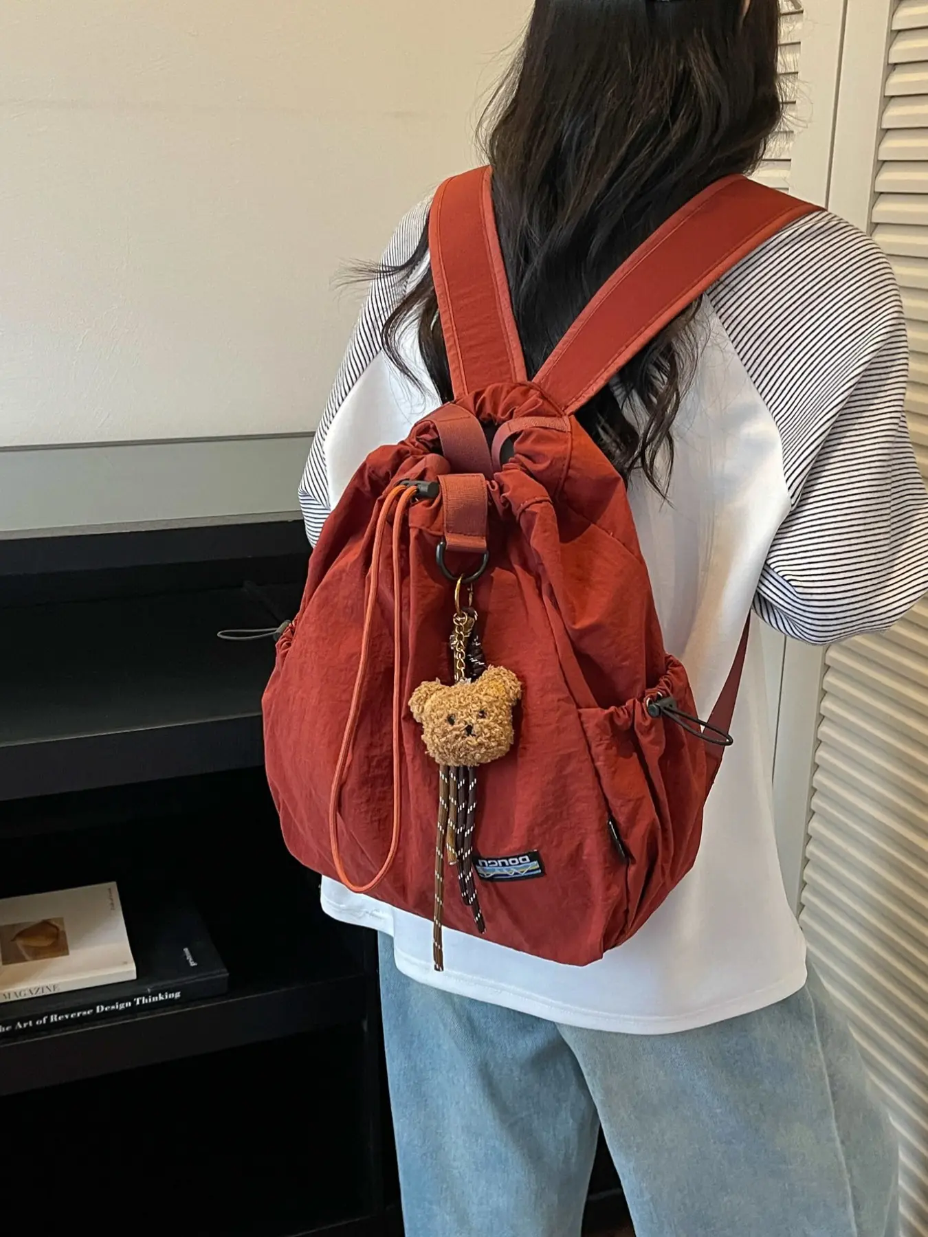 Vintage Drawstring Backpack for Women, Lightweight Fabric, Large Capacity, Adjustable Straps, Side Pockets, Plush Bear Charm, Casual Commute School Travel, Fashionable Fabric Backpack