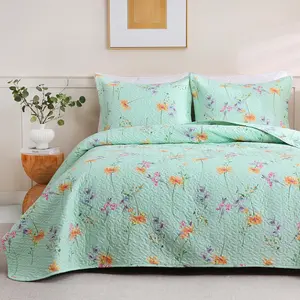 JSD Green Floral Set Full Queen Size, 3 Piece Printed Bedspreads Coverlet with Pillow Sham, Soft Microfiber Quilted Blanket