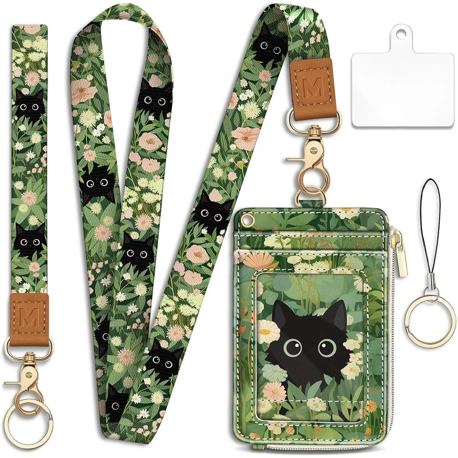 Cute Cat Lanyard Wallet with ID Badge Holder Keychain, RFID Blocking Wristlet, Phone Lanyard, Zipper Pouch, Wrist Strap for Keys Credit Cards, Work Office Teacher GiftsGift