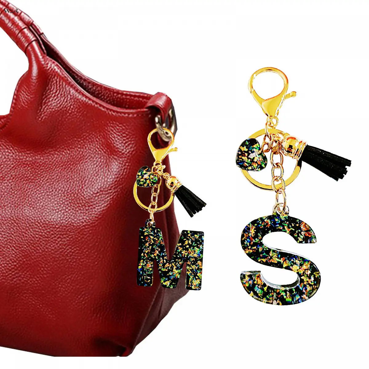 A-Z Initial Letter Resin Keychain for Women, Black Glitter Alphabet Key Ring with Heart Charm & Black Tassel, Gold Lobster Clasp Personalized Bag Purse Backpack Charm, Cute Custom Initial Gift Accessory for Birthday Holiday