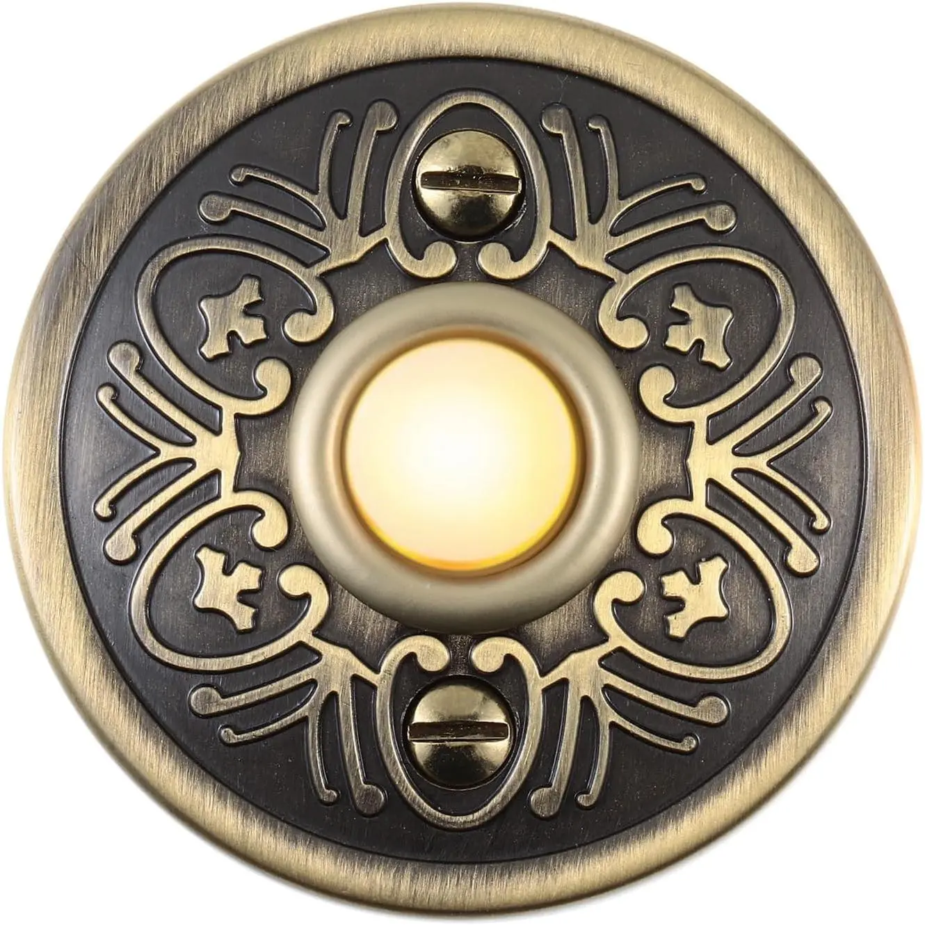 Vintage Lighted Doorbell Push Button 2.2inch Bronze Round LED Door Bell Switch Wall Mounted Wired Universal Hardware for Garage Front Doors Easy Installation Light Yellow Light
