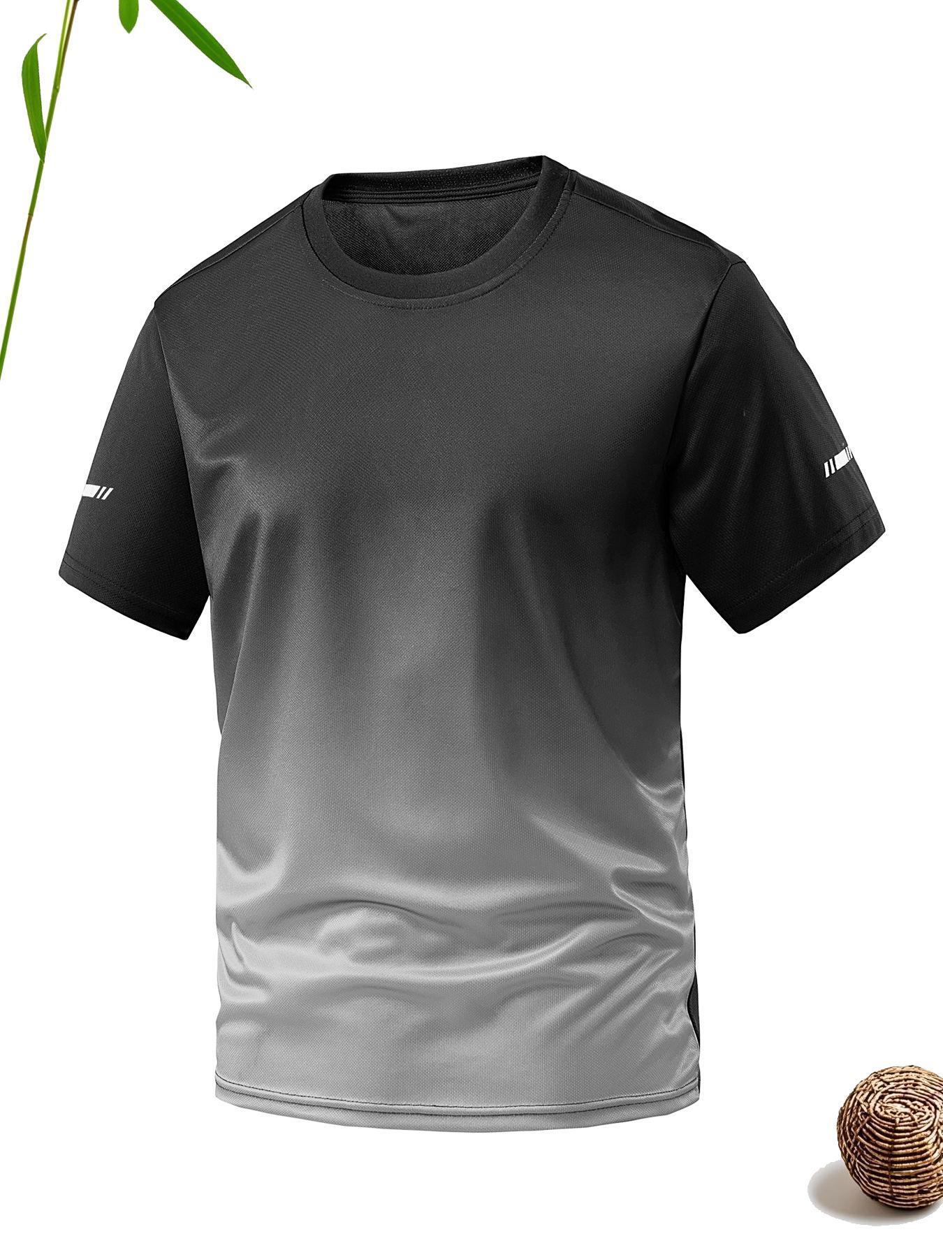 Men's Ombre Print Round Neck Tee, Regular Fit Sporty Quick Drying Breathable Short Sleeve T-shirt, Activewear T Shirt, Gym Tees for Gym Workout Running, Men's Top for All Seasons