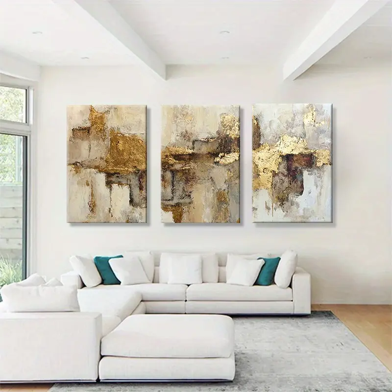 2D Flat Print Wrapped Canvas Print Set Of 3, Hand-Drawn Gold Texture Abstract Canvas Wall Art, Luxurious Modern Triptych With Metallic Finish, Layered Beige And Brown Tones, Elegant Wooden Inner Frame, Ideal Luxury Decor For Living Room, Office And Hallwa